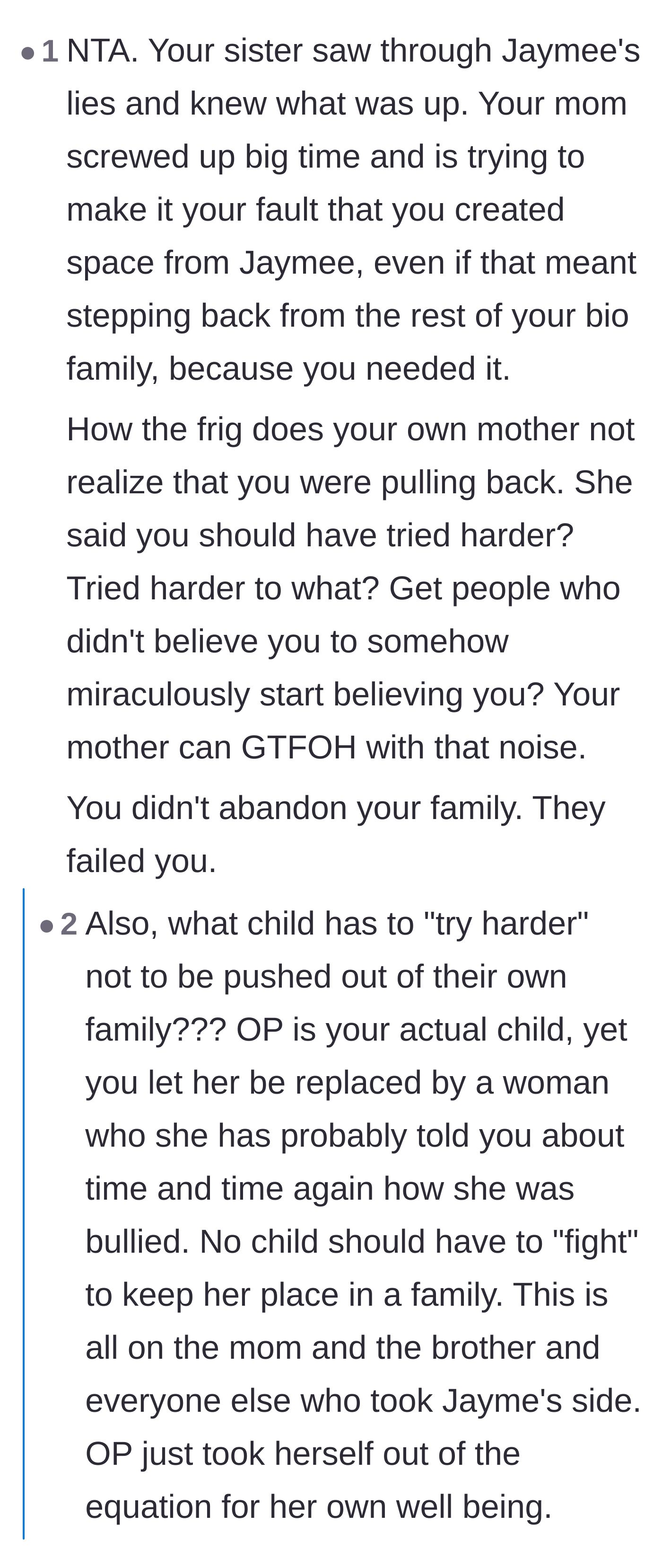 Comment thread 6 - Complete disbelief at the mother's cruel demand that her daughter should have 'tried harder' to keep her place in the family.