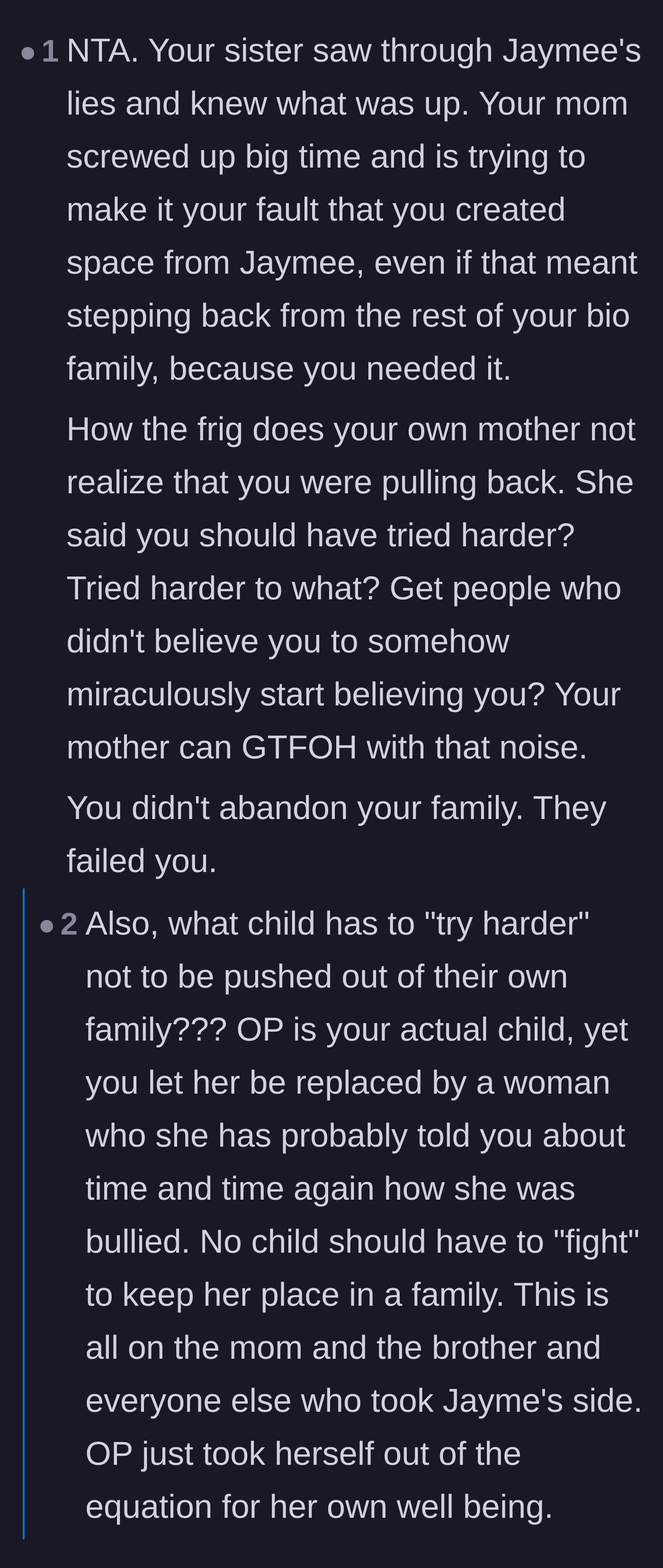Comment thread 6 - Complete disbelief at the mother's cruel demand that her daughter should have 'tried harder' to keep her place in the family.