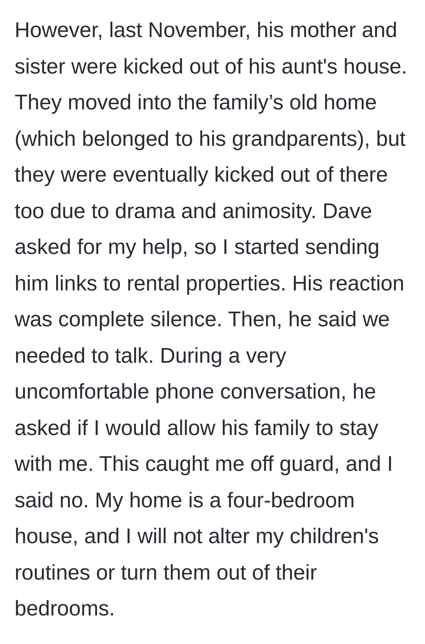 Story part 6 - The fiancé's mother and sister are evicted repeatedly, and he asks the woman to house them.