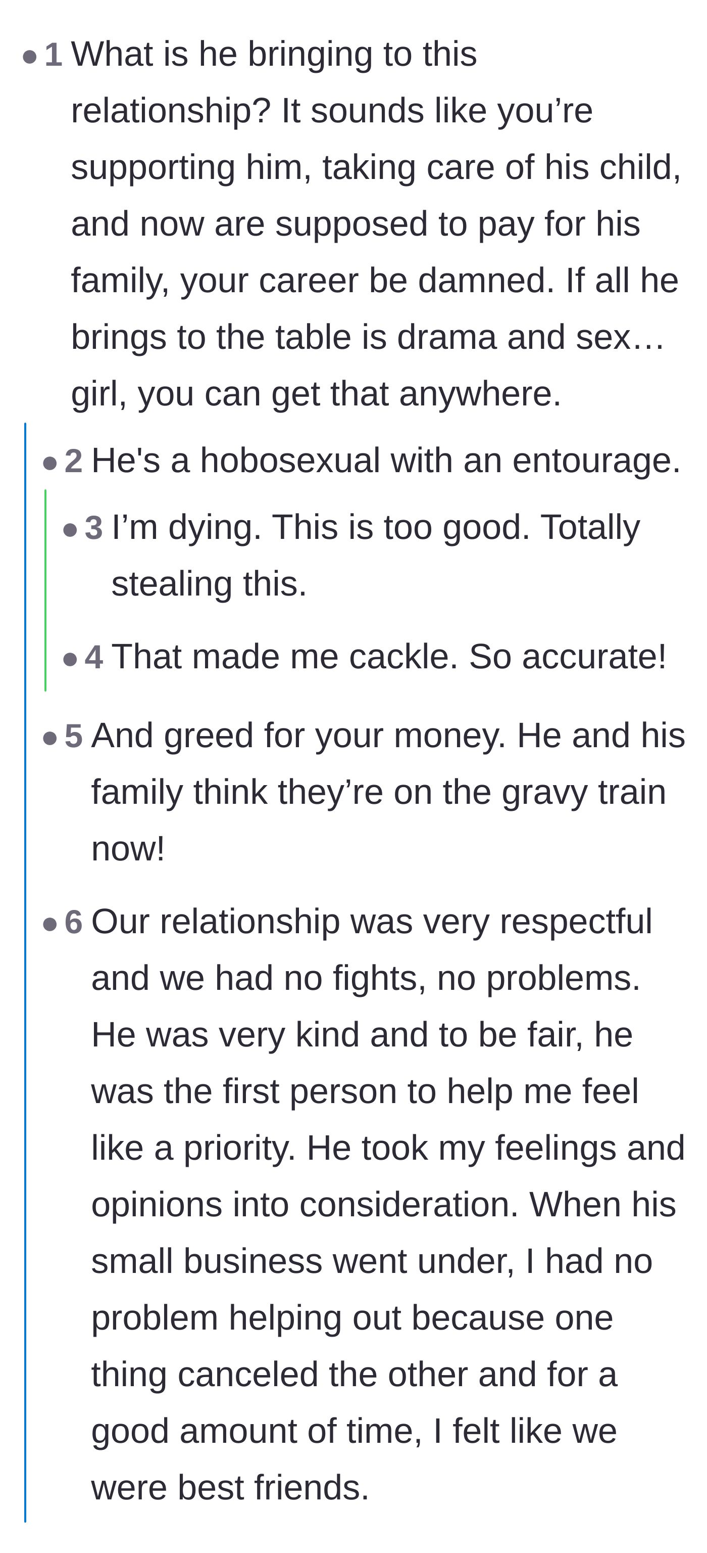 Comment thread 1 - A discussion analyzing the fiancé's lack of contribution and how past relationship trauma lowered the author's standards.