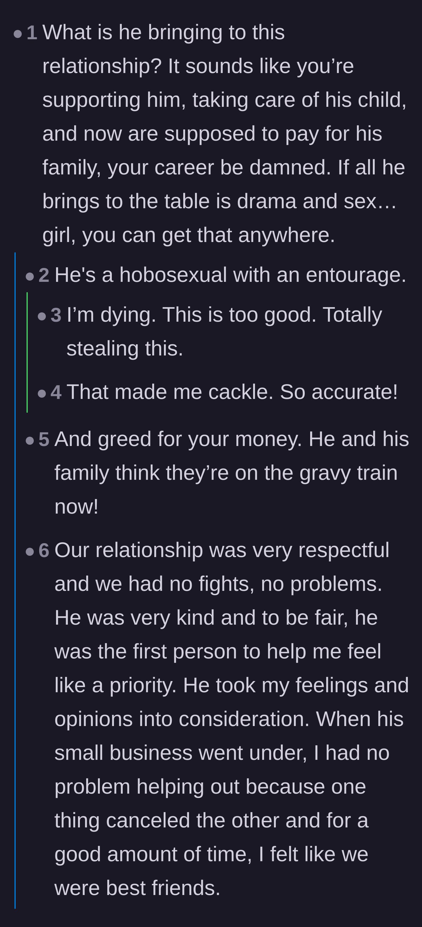 Comment thread 1 - A discussion analyzing the fiancé's lack of contribution and how past relationship trauma lowered the author's standards.