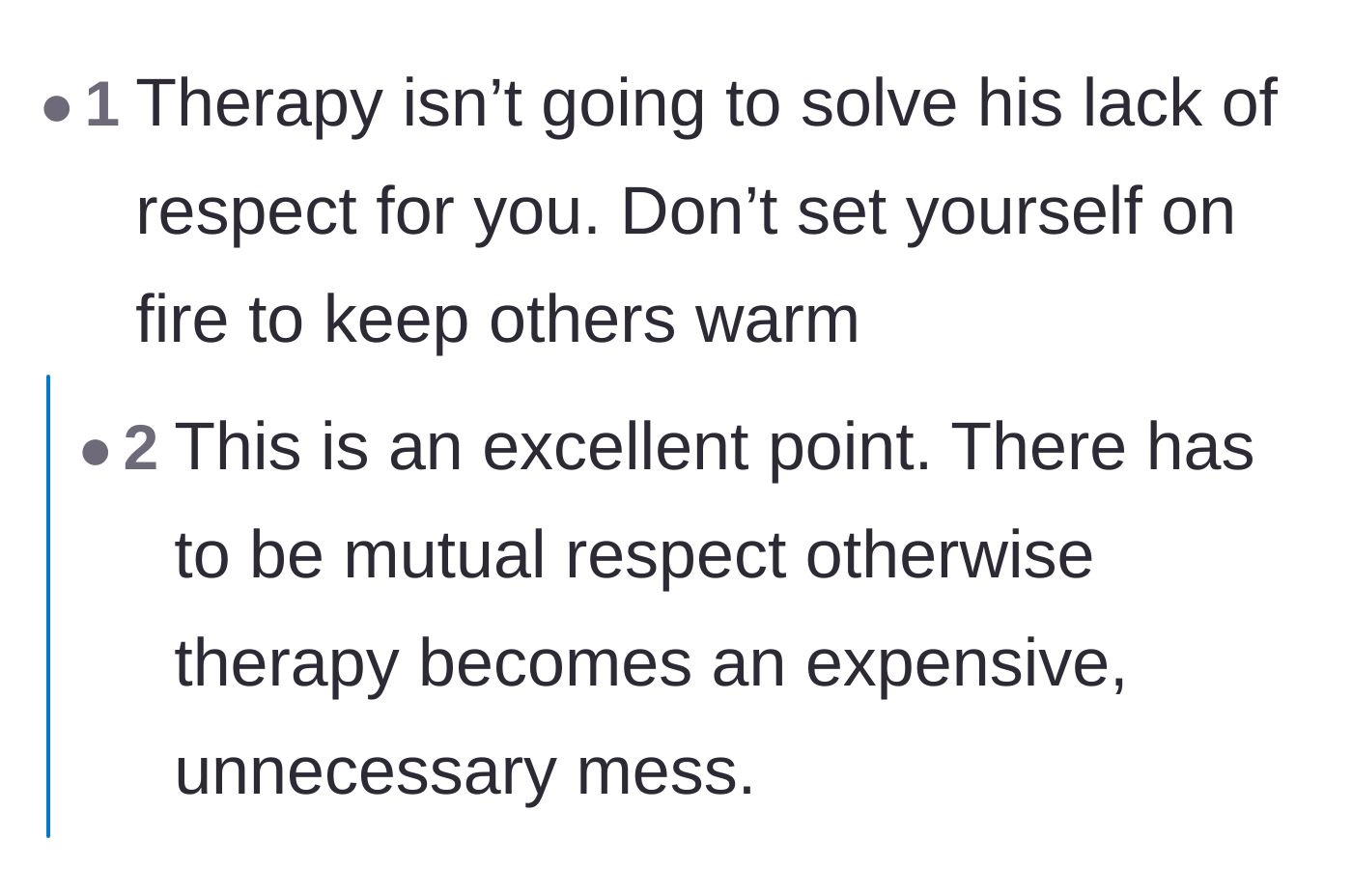Comment thread 3 - A brief exchange explaining why couples therapy won't fix a fundamental lack of respect.