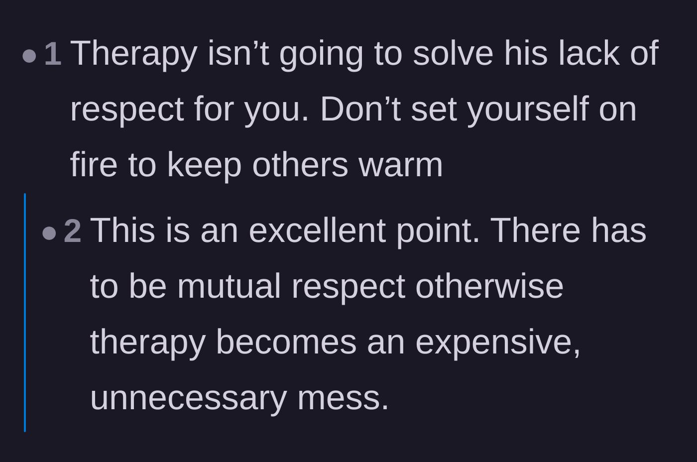 Comment thread 3 - A brief exchange explaining why couples therapy won't fix a fundamental lack of respect.