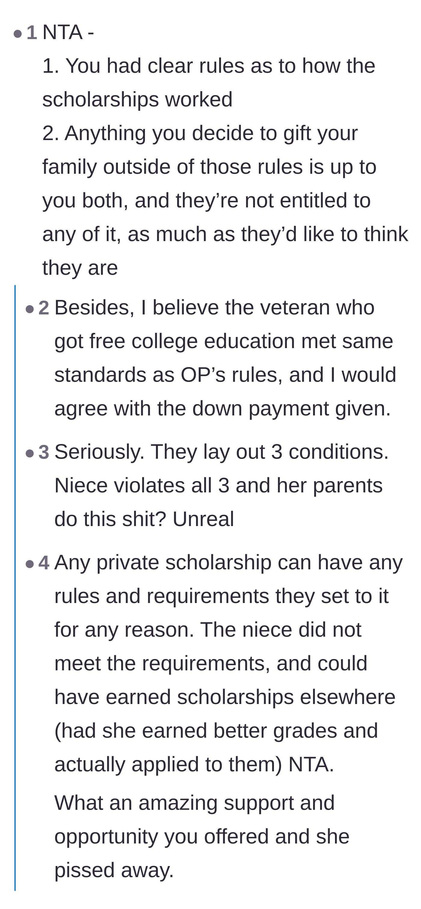 Comment thread 2 - Comparing the niece's failure to meet the scholarship rules to the veteran nephew's disciplined success.