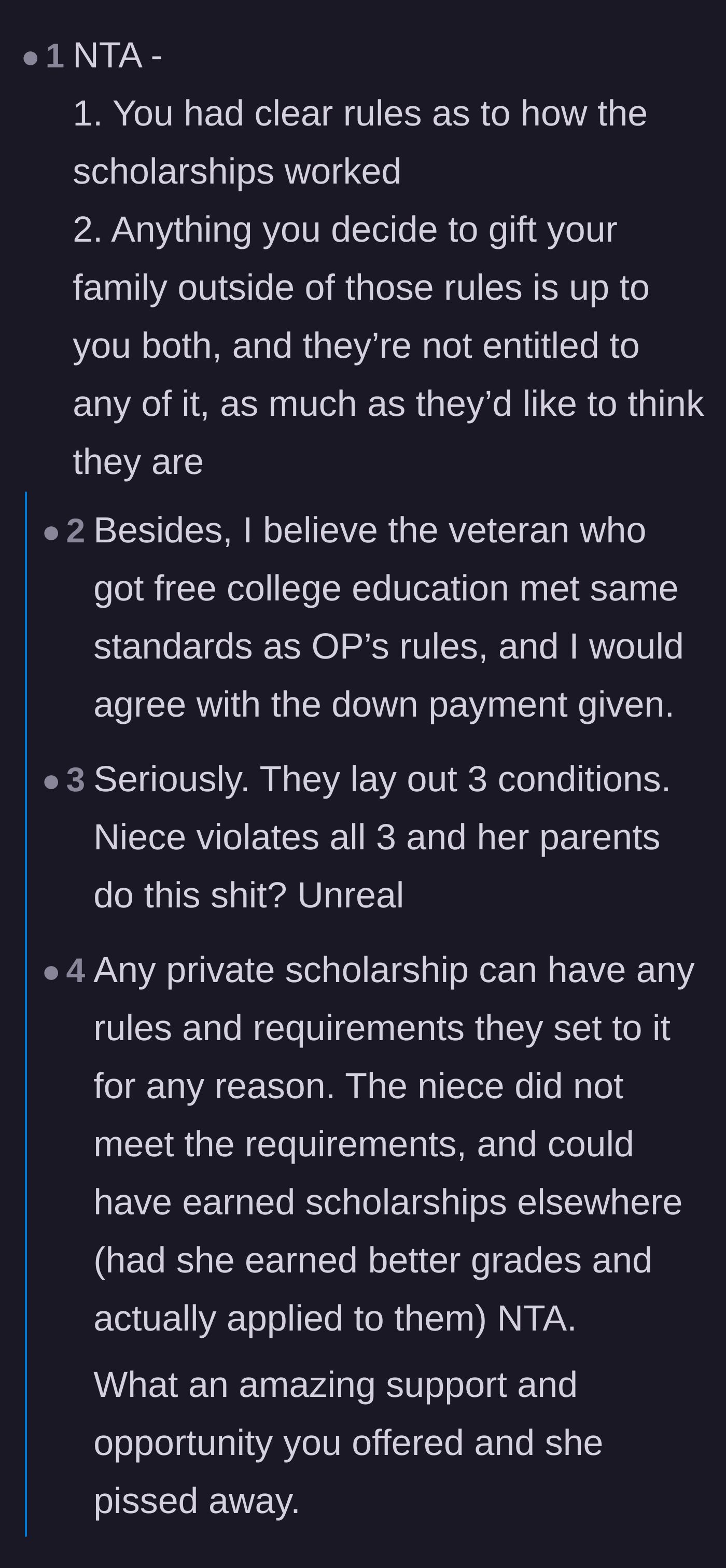 Comment thread 2 - Comparing the niece's failure to meet the scholarship rules to the veteran nephew's disciplined success.