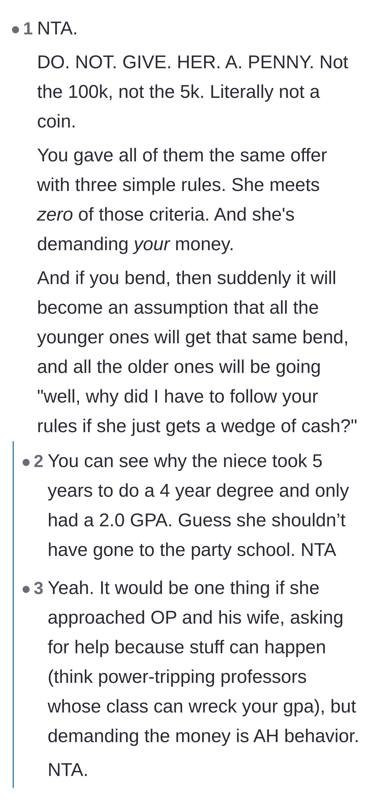 Comment thread 3 - Urgent advice telling the uncle to withhold the graduation check to avoid setting a terrible precedent.