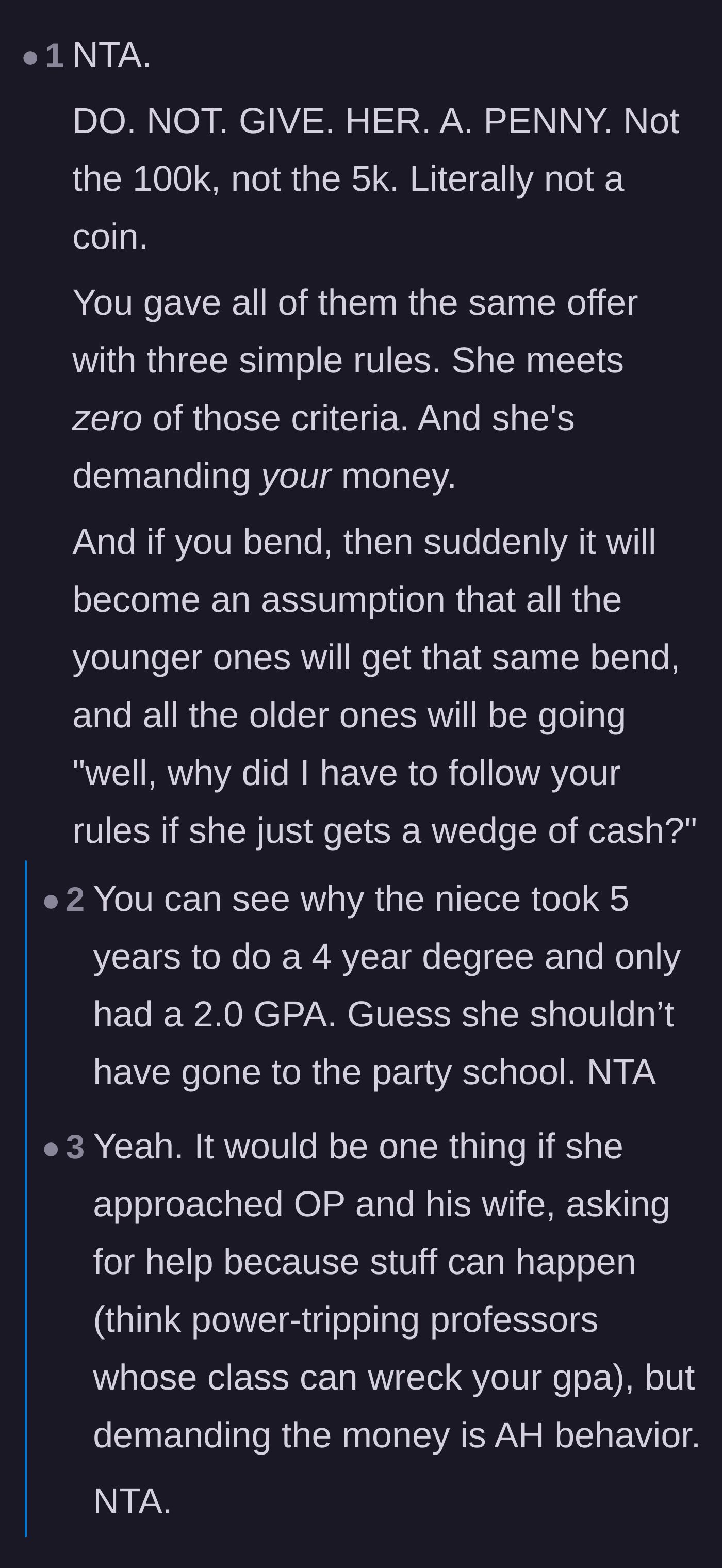 Comment thread 3 - Urgent advice telling the uncle to withhold the graduation check to avoid setting a terrible precedent.