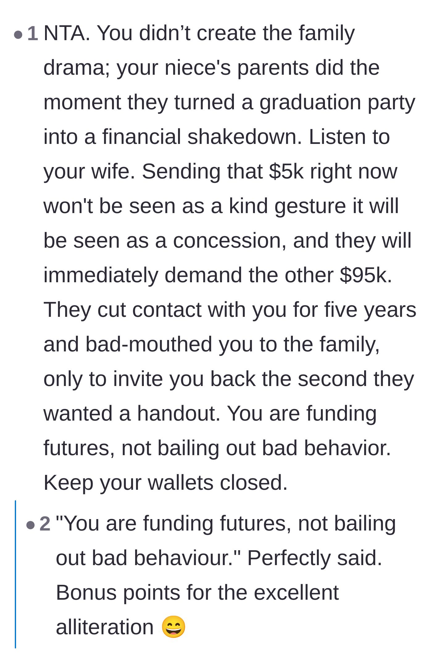Comment thread 4 - Pointing out that sending the graduation money would only reward the parents' aggressive financial shakedown.