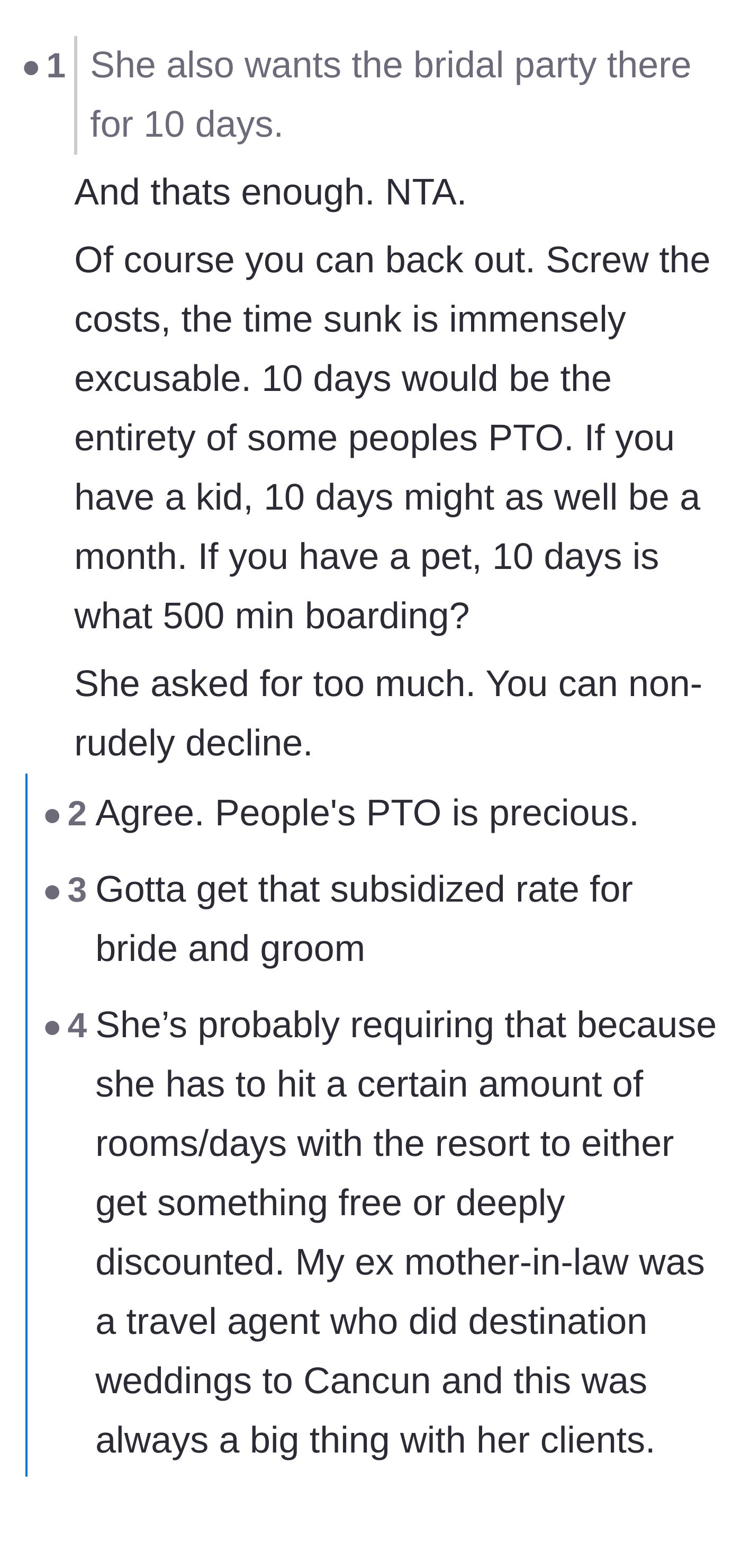 Comment thread 1 - Discussing the ridiculous 10-day PTO demand and how brides use guests for resort perks.