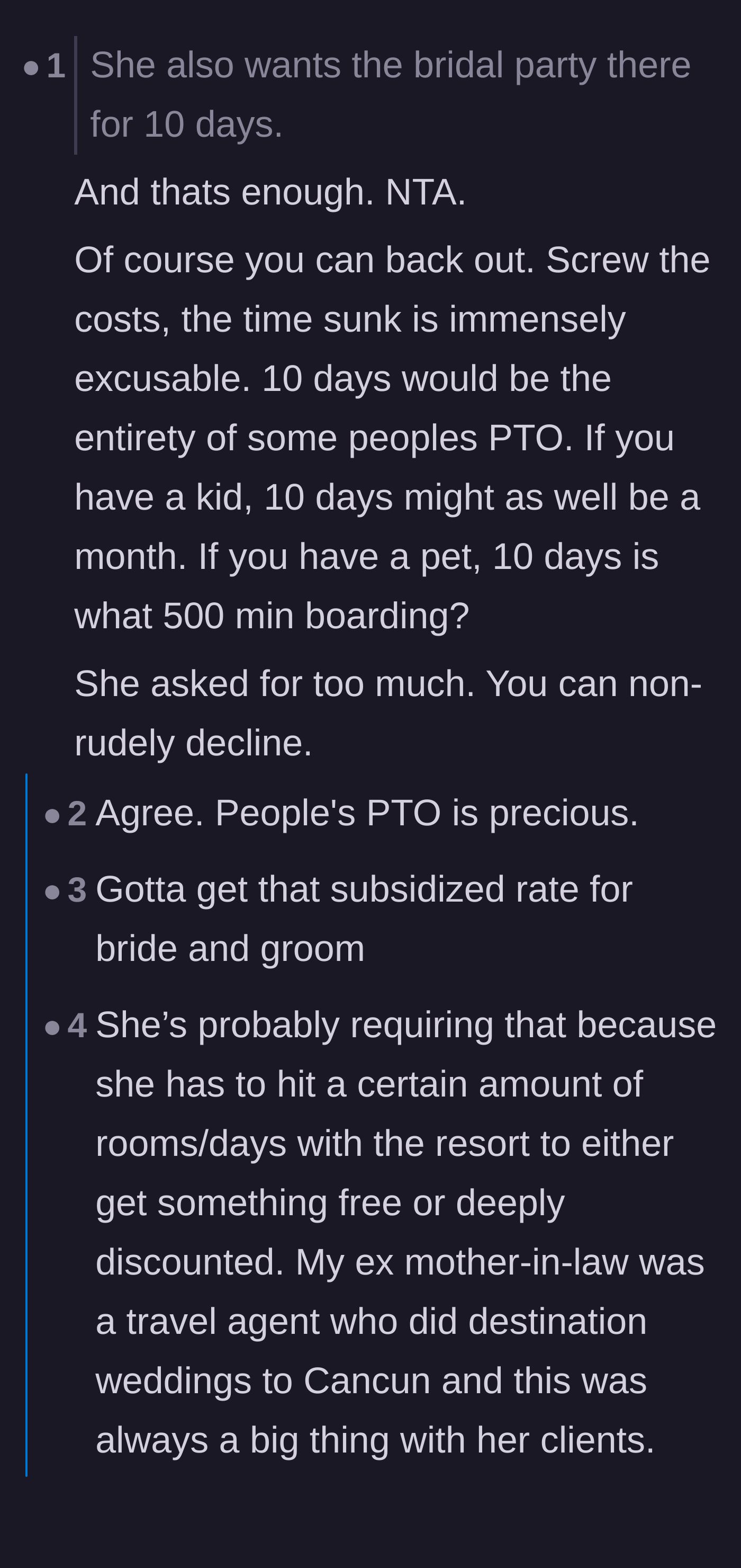 Comment thread 1 - Discussing the ridiculous 10-day PTO demand and how brides use guests for resort perks.