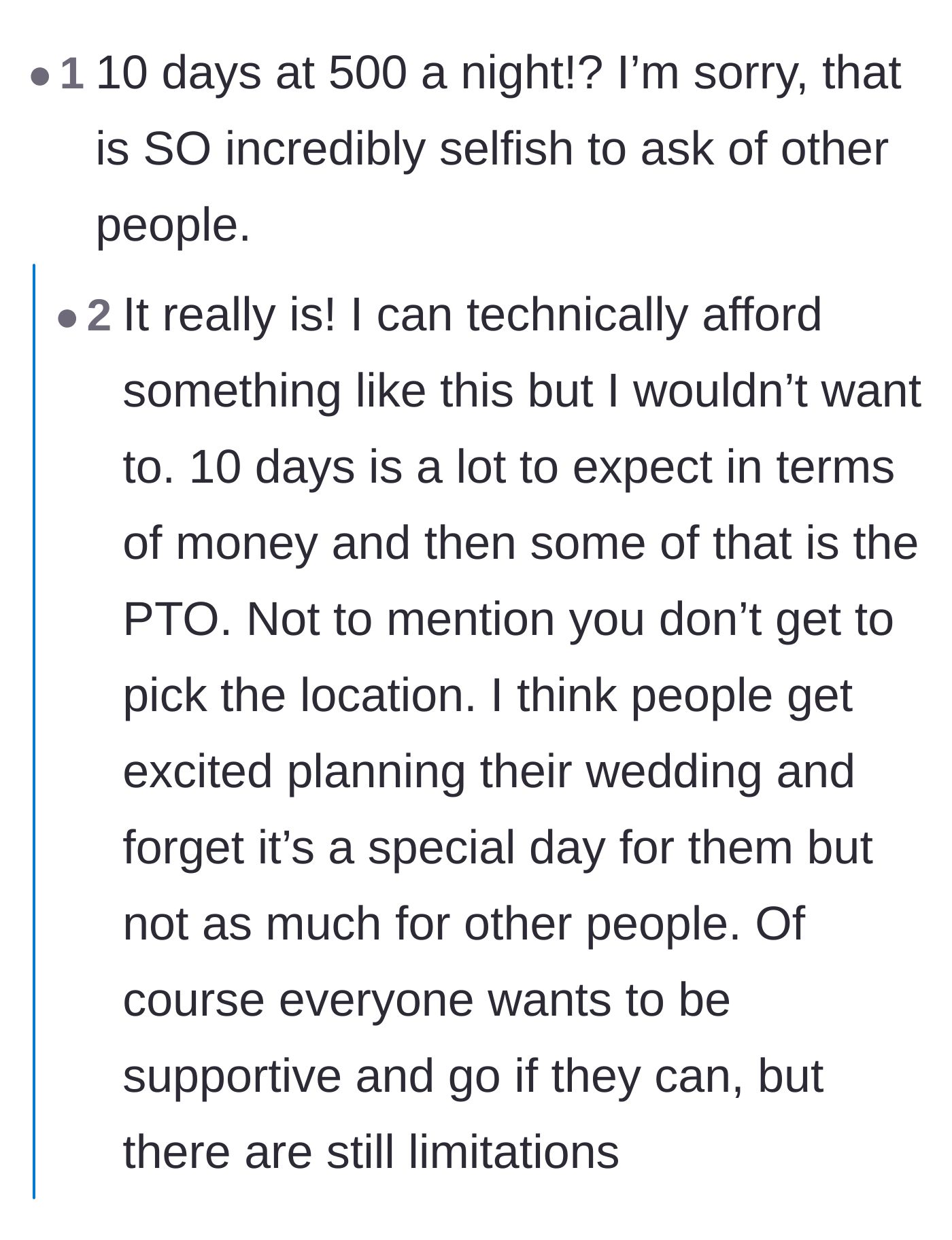 Comment thread 2 - Outrage over the $500 nightly rate and the sheer selfishness of the bride's expectations.