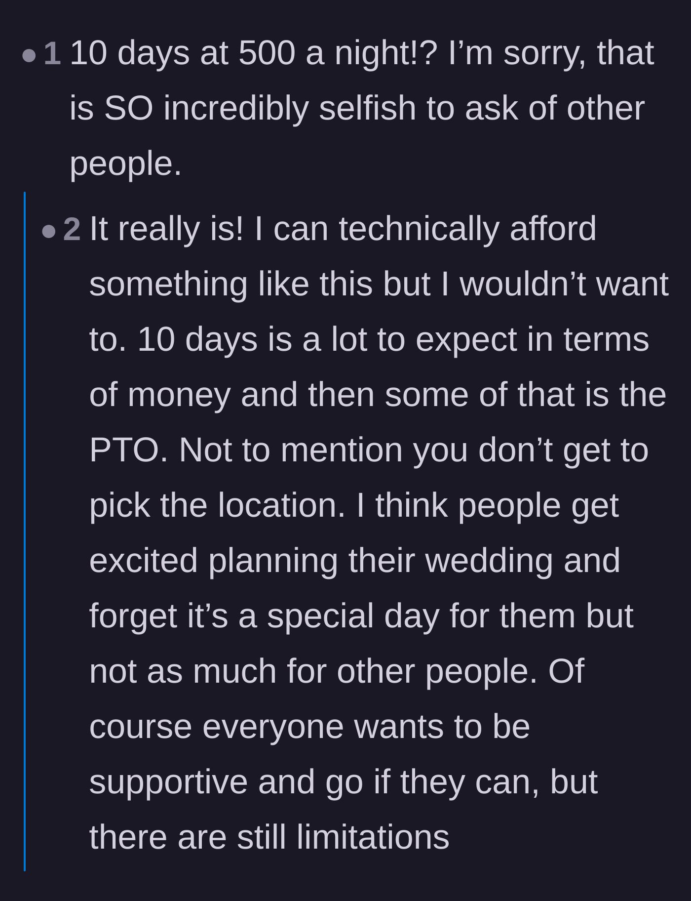 Comment thread 2 - Outrage over the $500 nightly rate and the sheer selfishness of the bride's expectations.