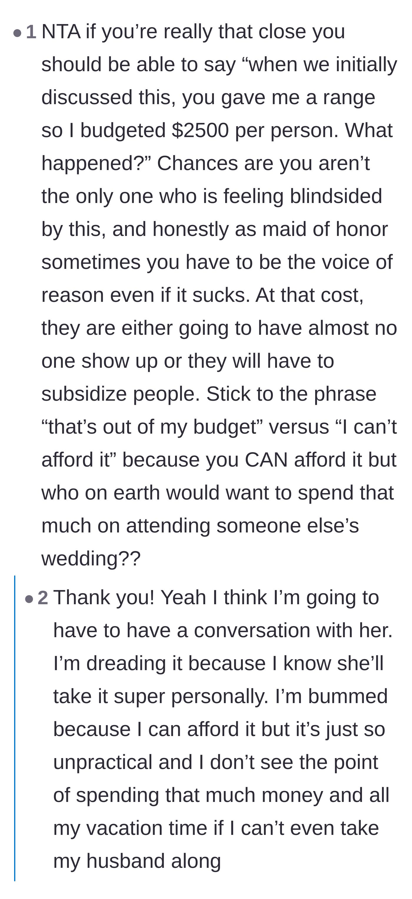 Comment thread 3 - Advice on setting financial boundaries and preparing for the bride's dramatic blowback.