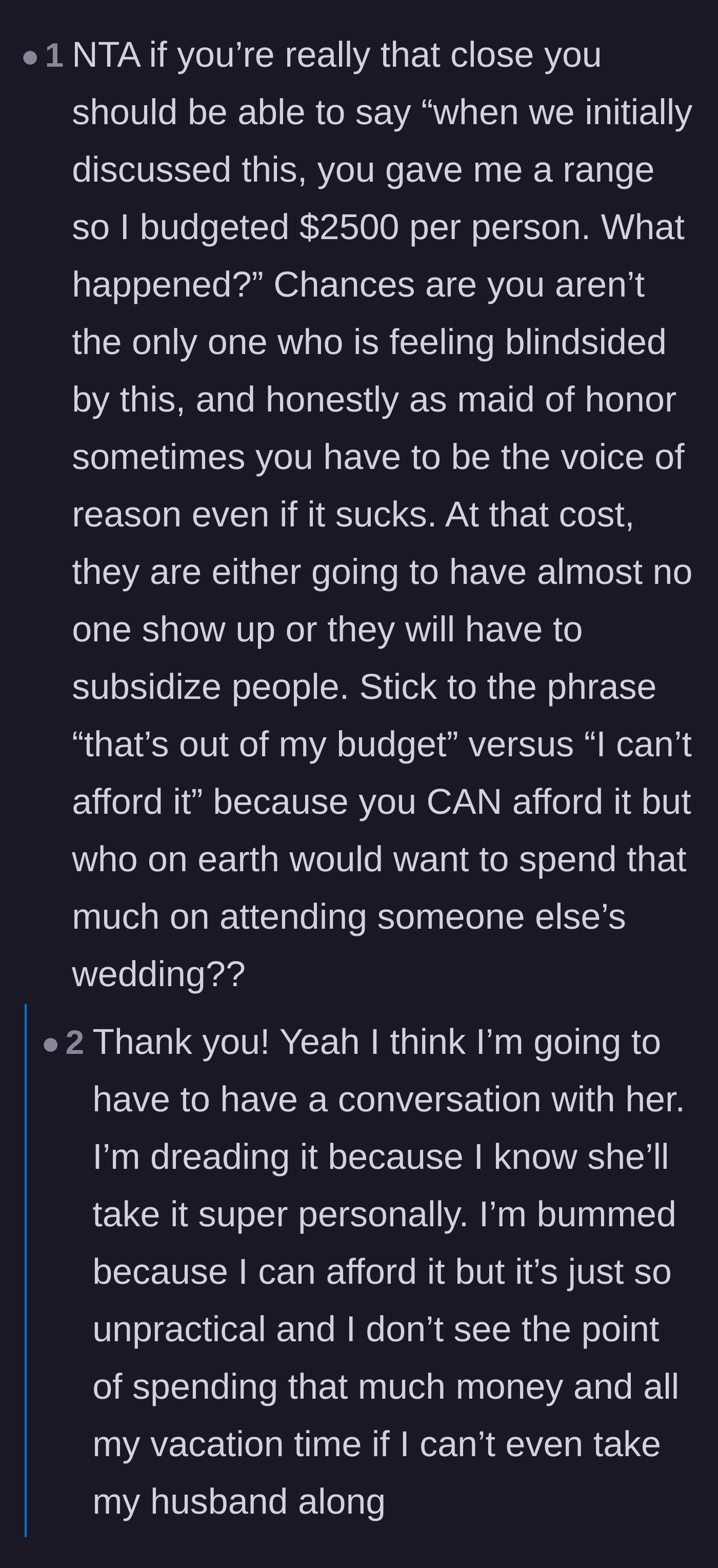 Comment thread 3 - Advice on setting financial boundaries and preparing for the bride's dramatic blowback.