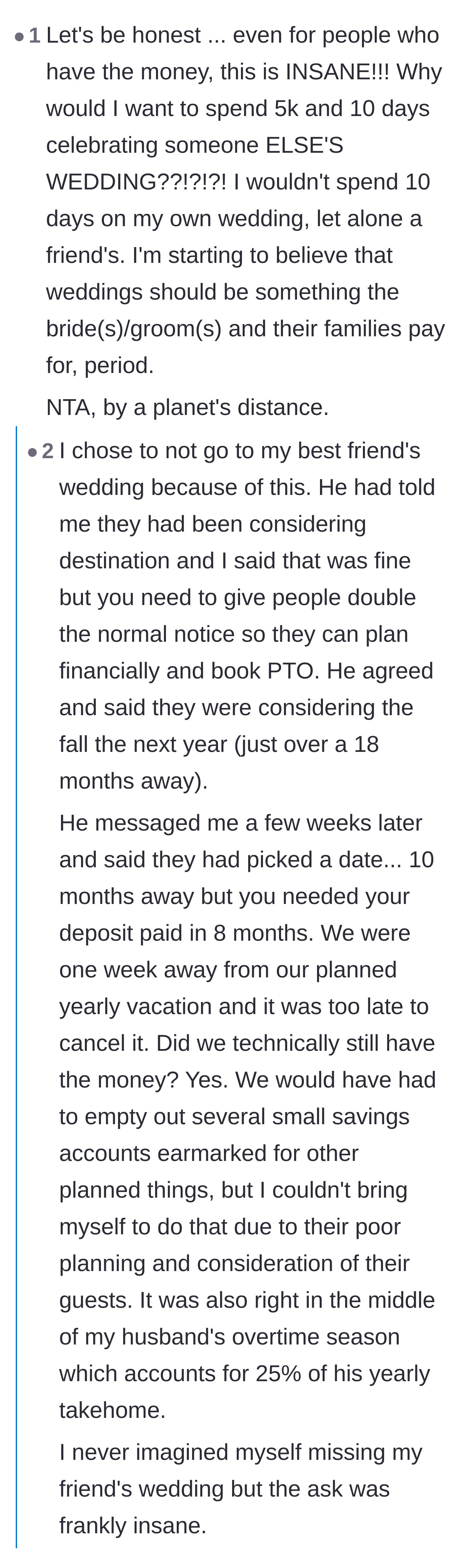 Comment thread 5 - A user sharing their own story of skipping a best friend's poorly planned destination wedding.
