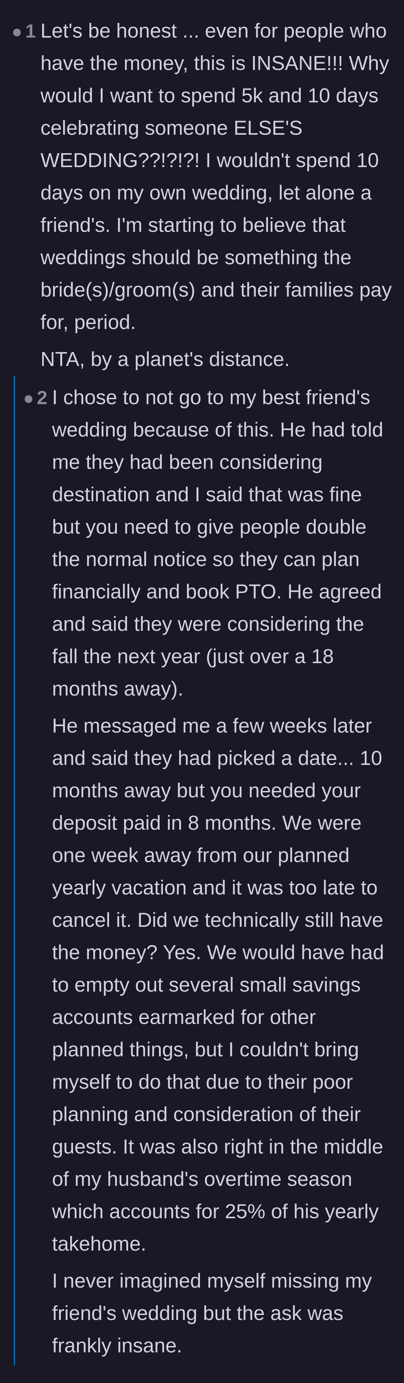 Comment thread 5 - A user sharing their own story of skipping a best friend's poorly planned destination wedding.
