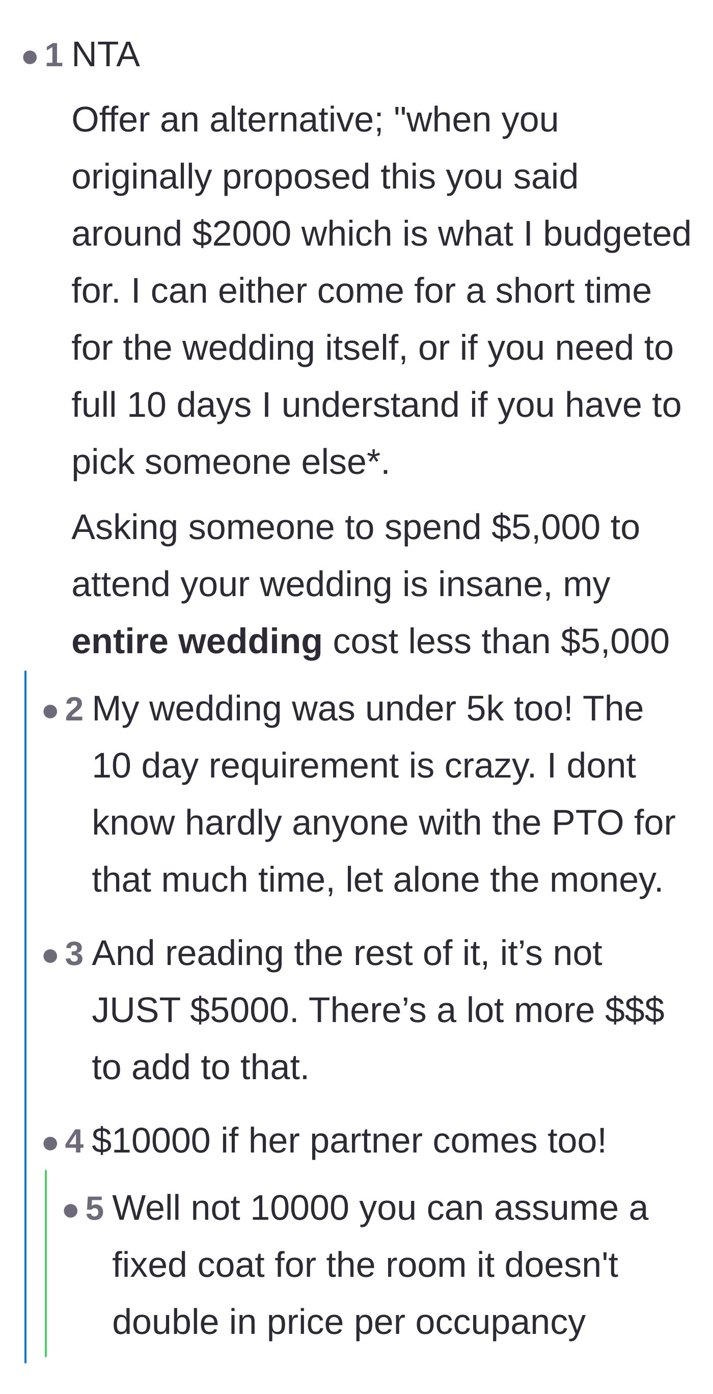 Comment thread 6 - Suggesting a shortened trip or backing out, noting that entire weddings cost less than $5,000.