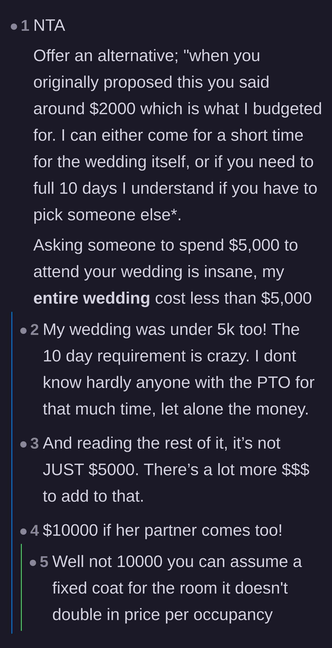 Comment thread 6 - Suggesting a shortened trip or backing out, noting that entire weddings cost less than $5,000.