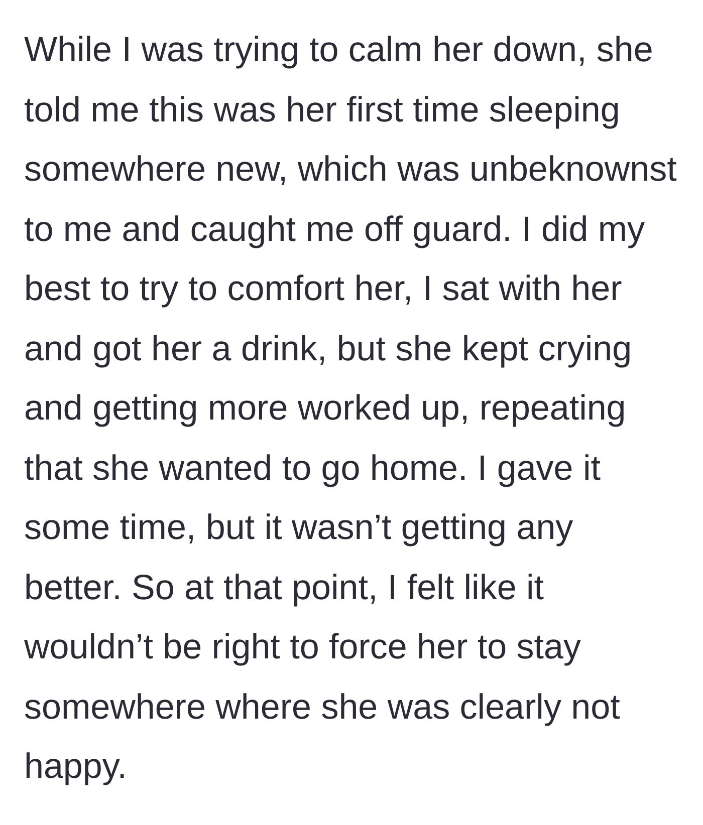 Story part 2 - Host mom comforting a crying 8-year-old girl with a drink in the middle of the night.