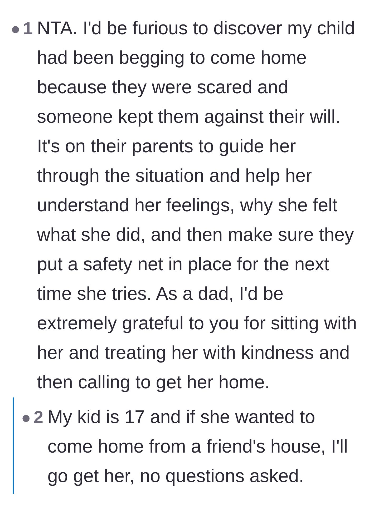 Comment thread 1 - Parents discussing how they would always happily pick up their children from a sleepover if they were scared.