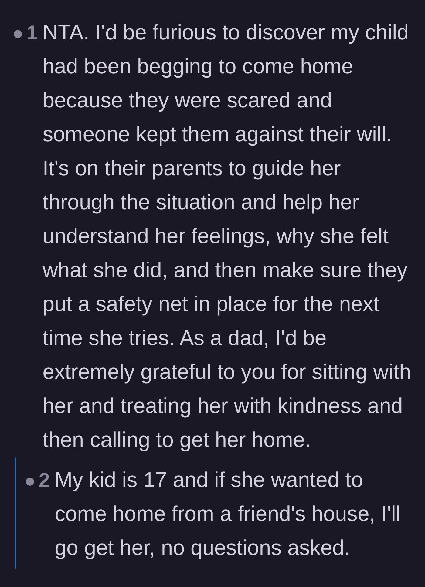 Comment thread 1 - Parents discussing how they would always happily pick up their children from a sleepover if they were scared.