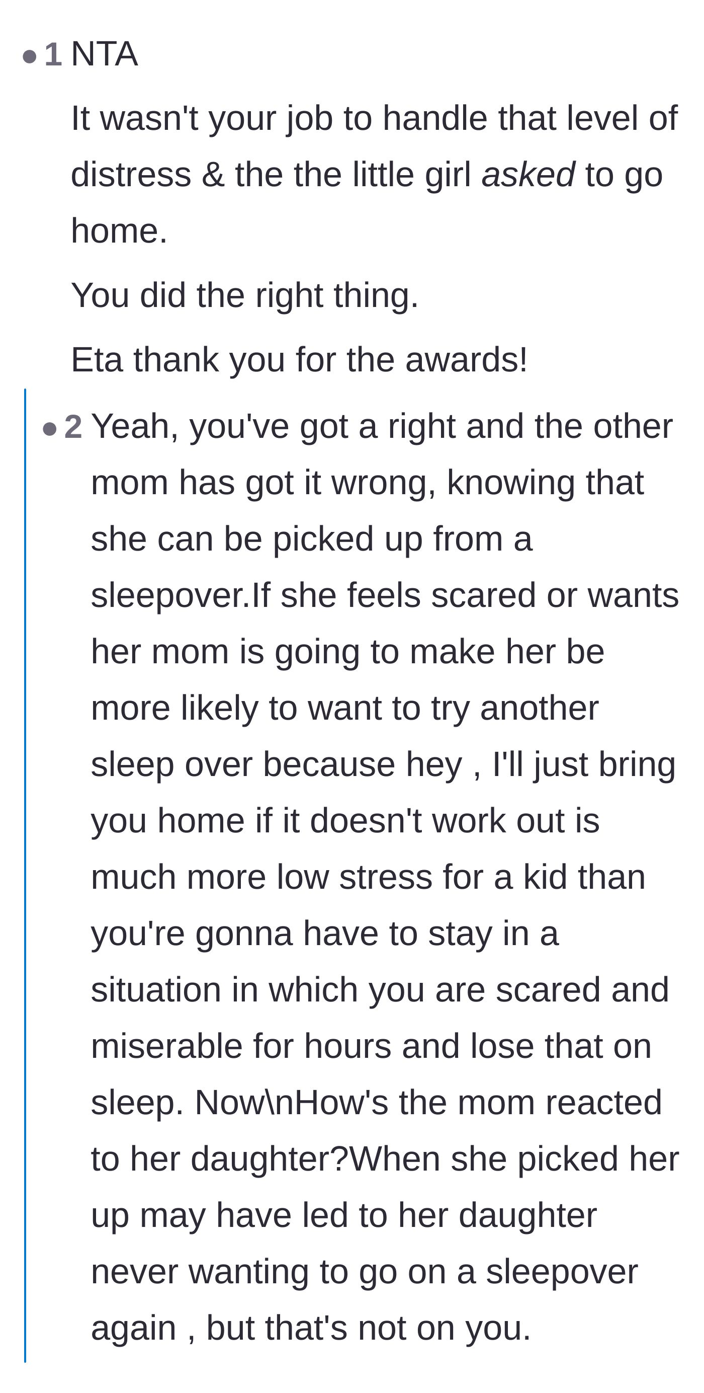 Comment thread 2 - Readers pointing out that knowing they can leave makes kids feel safer, and blaming the other mom's bad attitude for ruining future sleepovers.