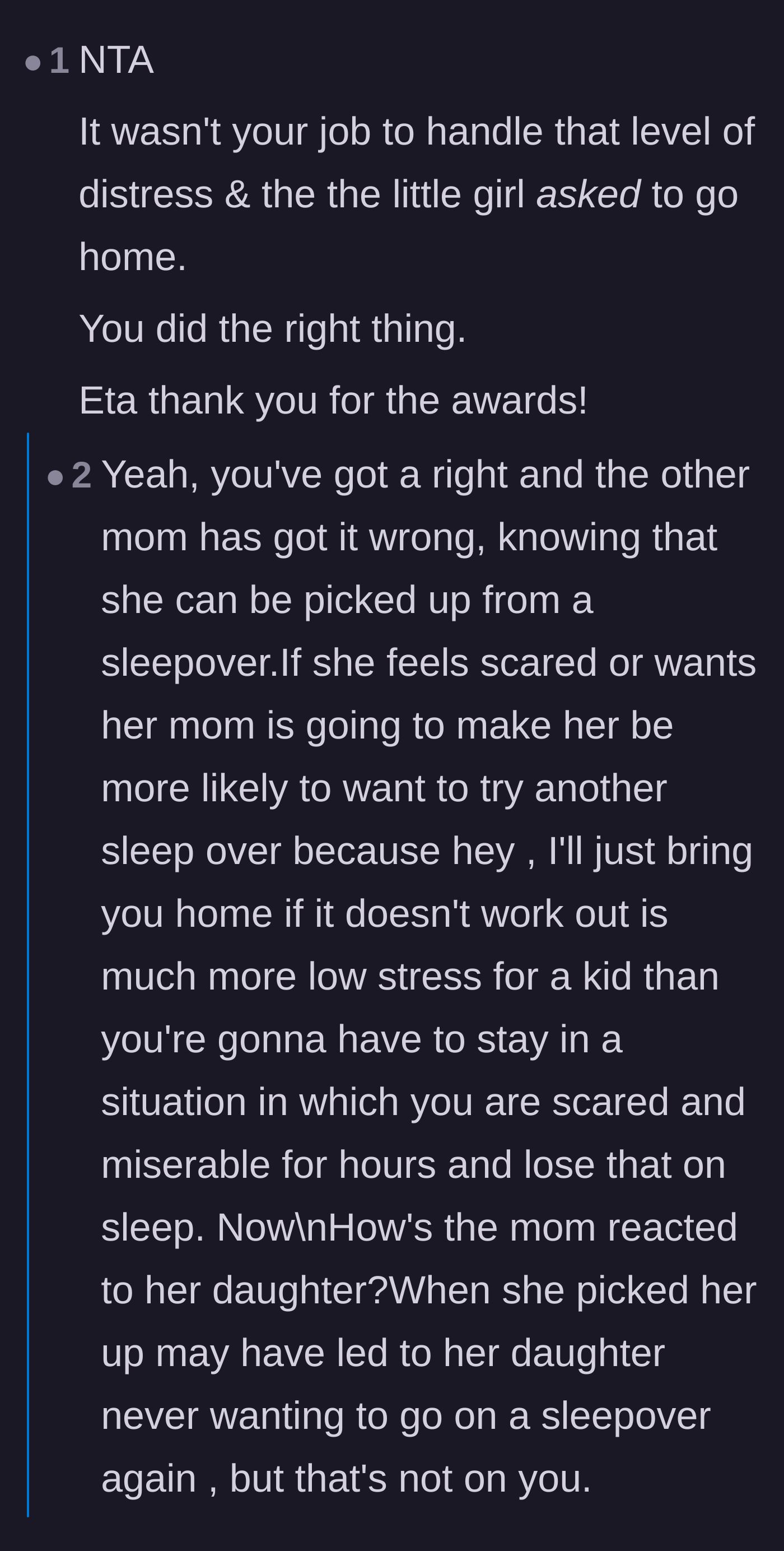 Comment thread 2 - Readers pointing out that knowing they can leave makes kids feel safer, and blaming the other mom's bad attitude for ruining future sleepovers.