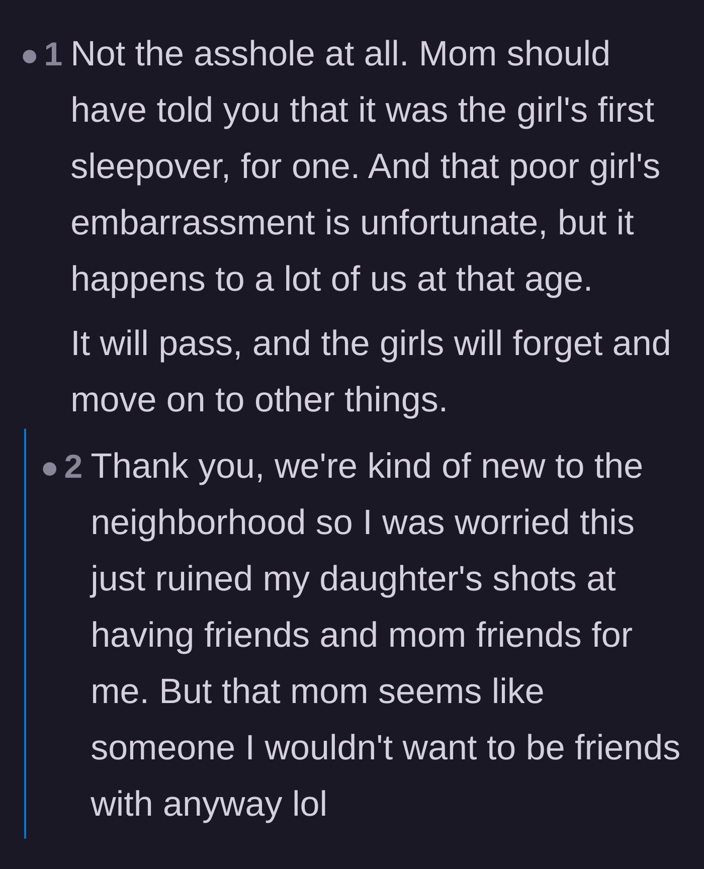 Comment thread 3 - Discussion about the lack of warning from the other mom and the host's realization she dodged a toxic friendship bullet.