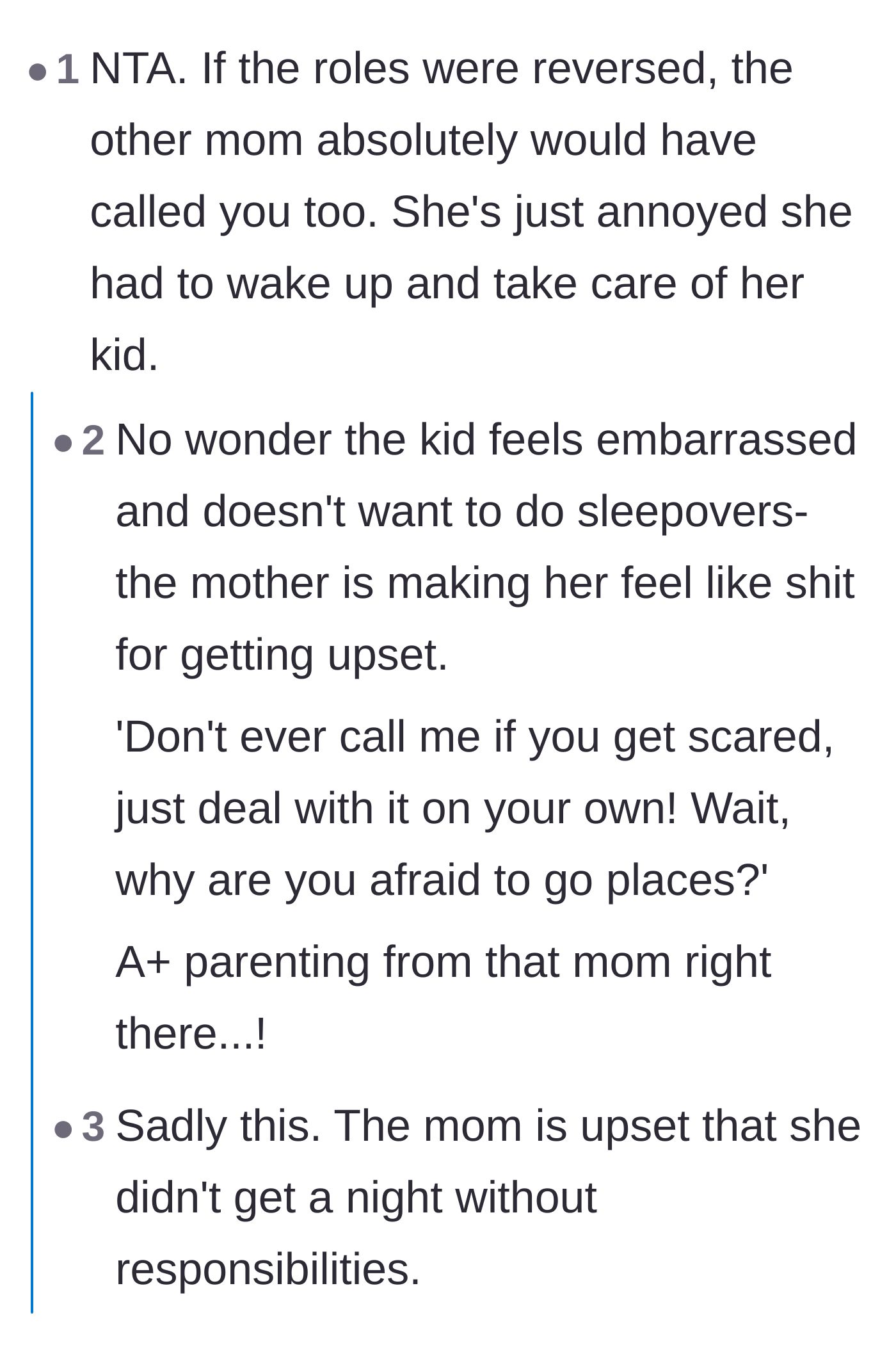 Comment thread 4 - Commenters calling out the entitled mom for being angry she lost her free night off and taking it out on her child.