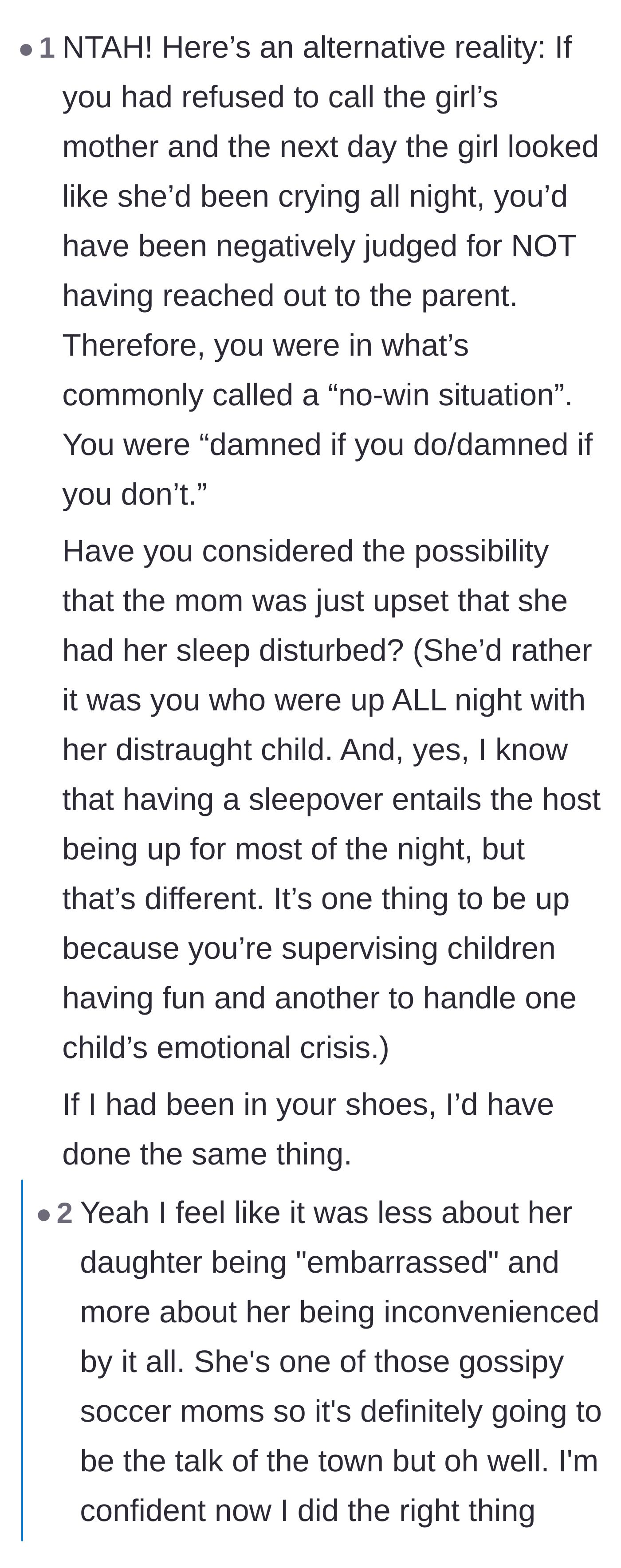 Comment thread 5 - A reader explaining the no-win situation the host was in, with the host confirming the other mom is a local gossip.