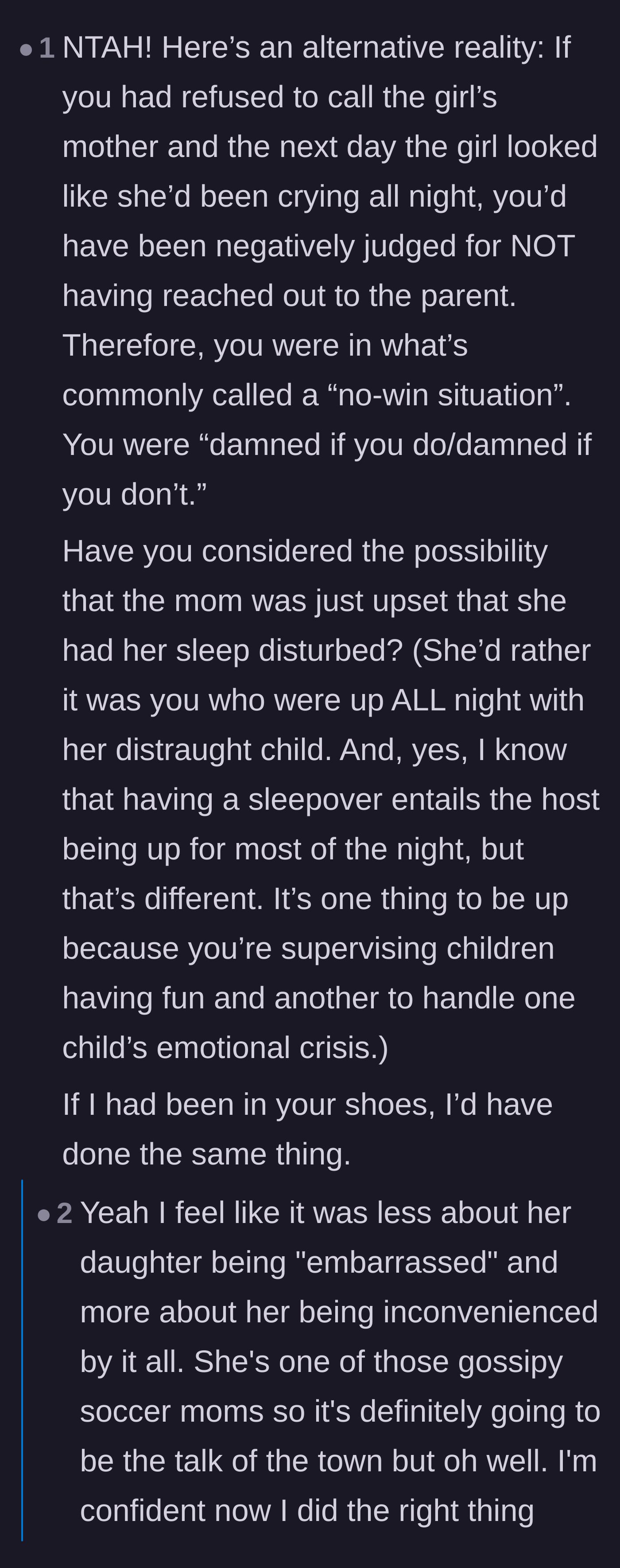 Comment thread 5 - A reader explaining the no-win situation the host was in, with the host confirming the other mom is a local gossip.