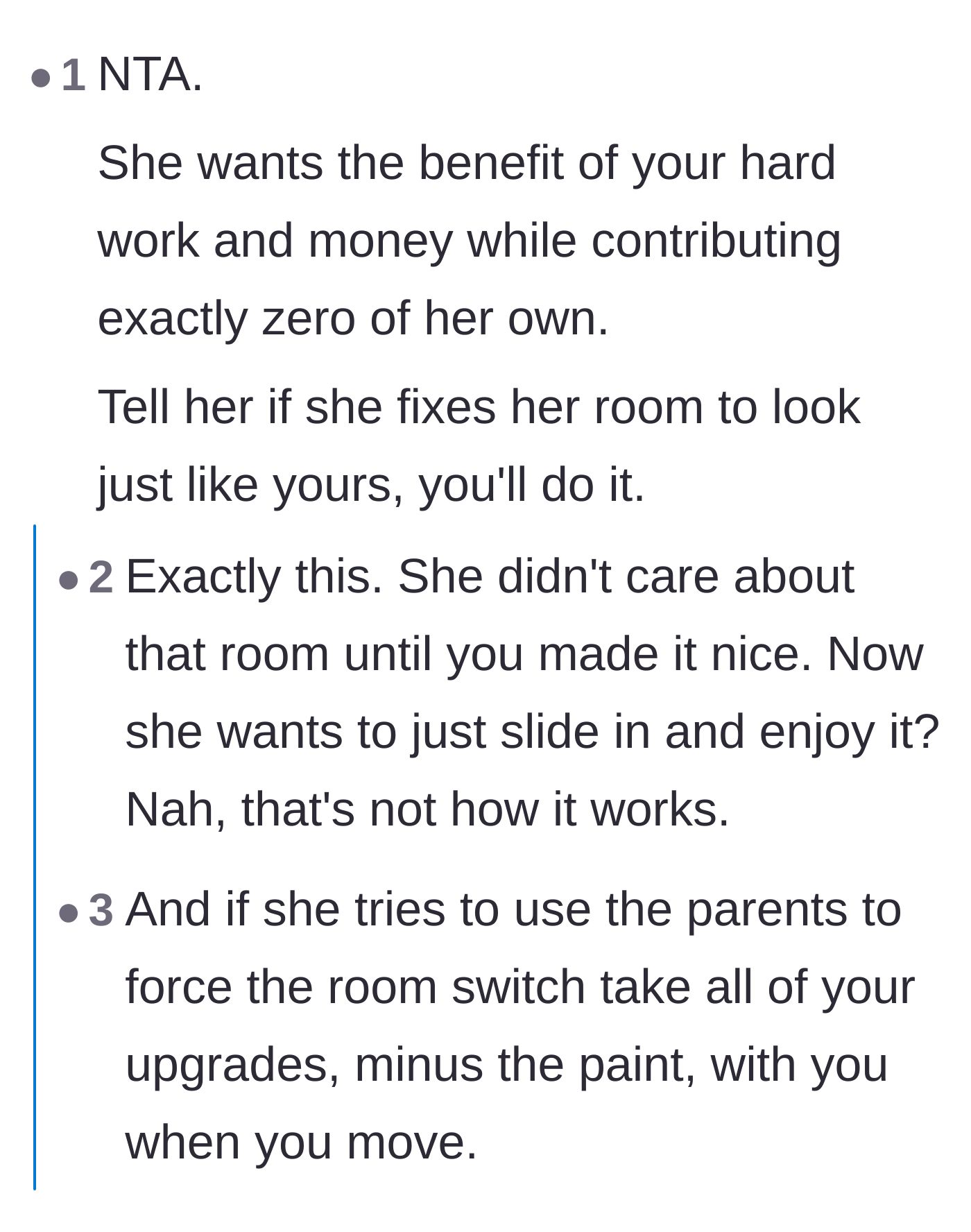 Comment thread 2 - Calling out the younger sister's desire to benefit from zero personal effort