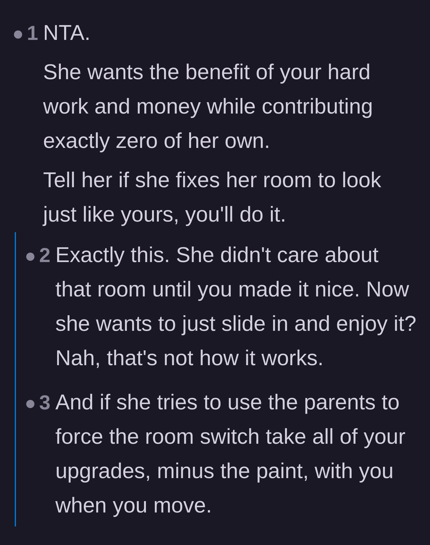 Comment thread 2 - Calling out the younger sister's desire to benefit from zero personal effort