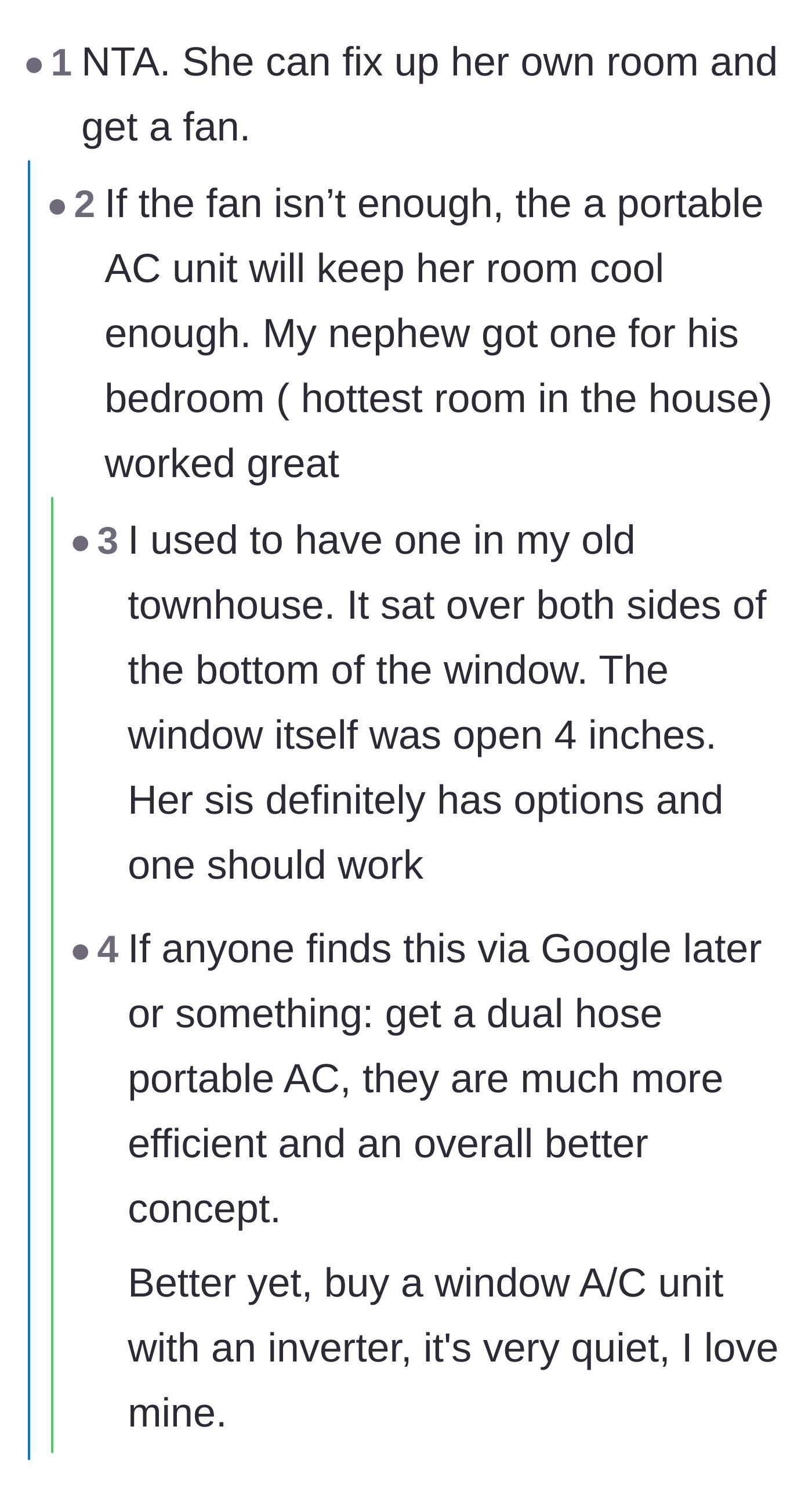 Comment thread 3 - Suggesting practical climate control alternatives like fans and portable AC units