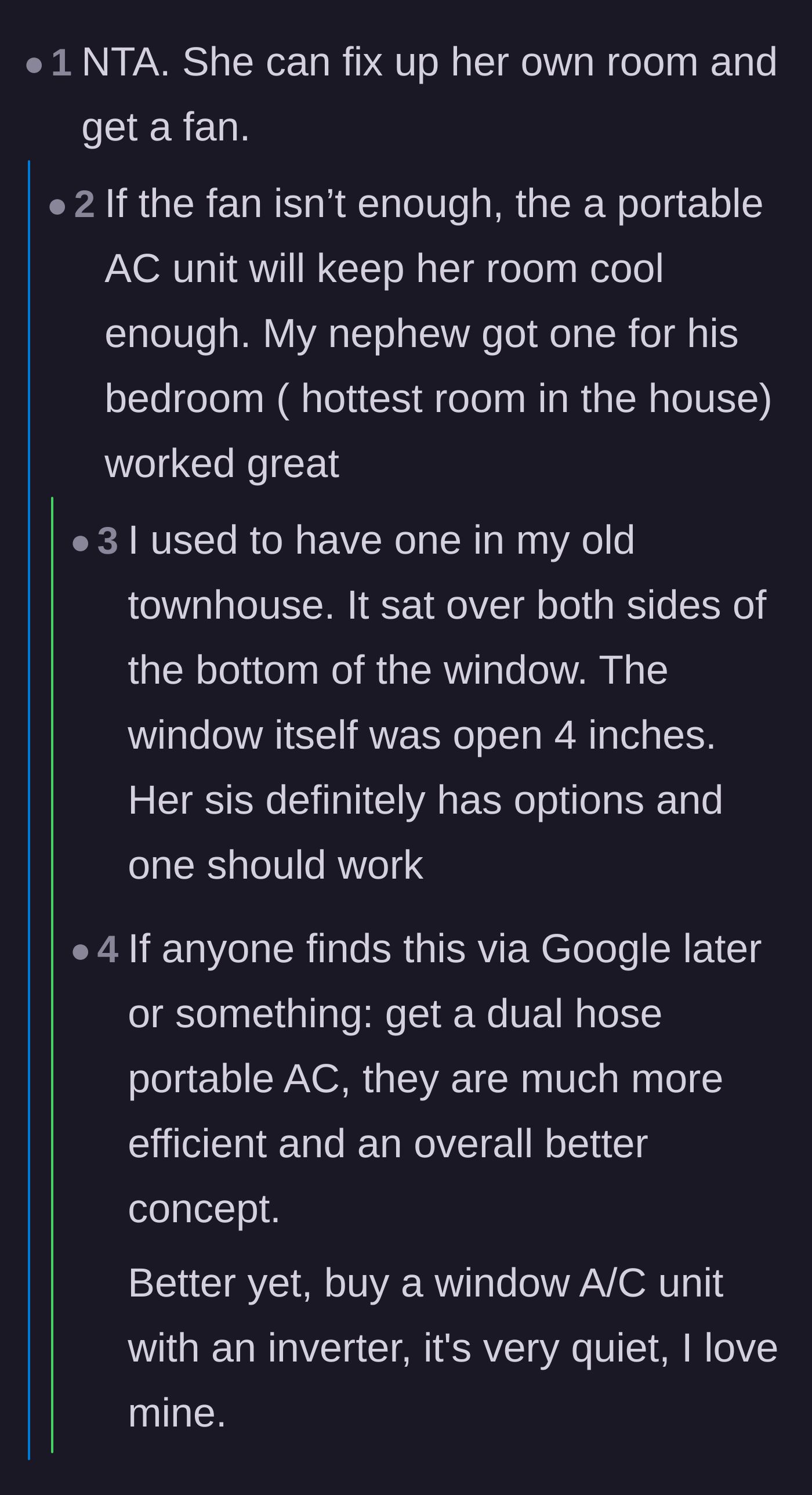Comment thread 3 - Suggesting practical climate control alternatives like fans and portable AC units
