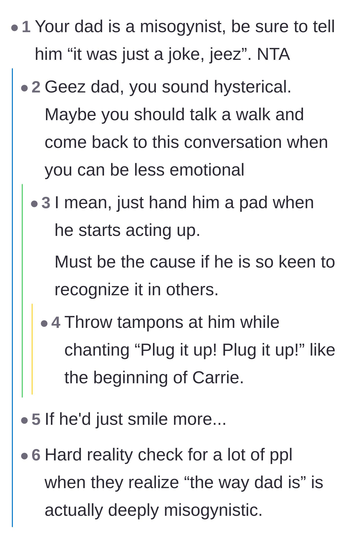 Comment thread 1 - Readers calling the dad a misogynist and suggesting OP tell him he is acting hysterical or should smile more.