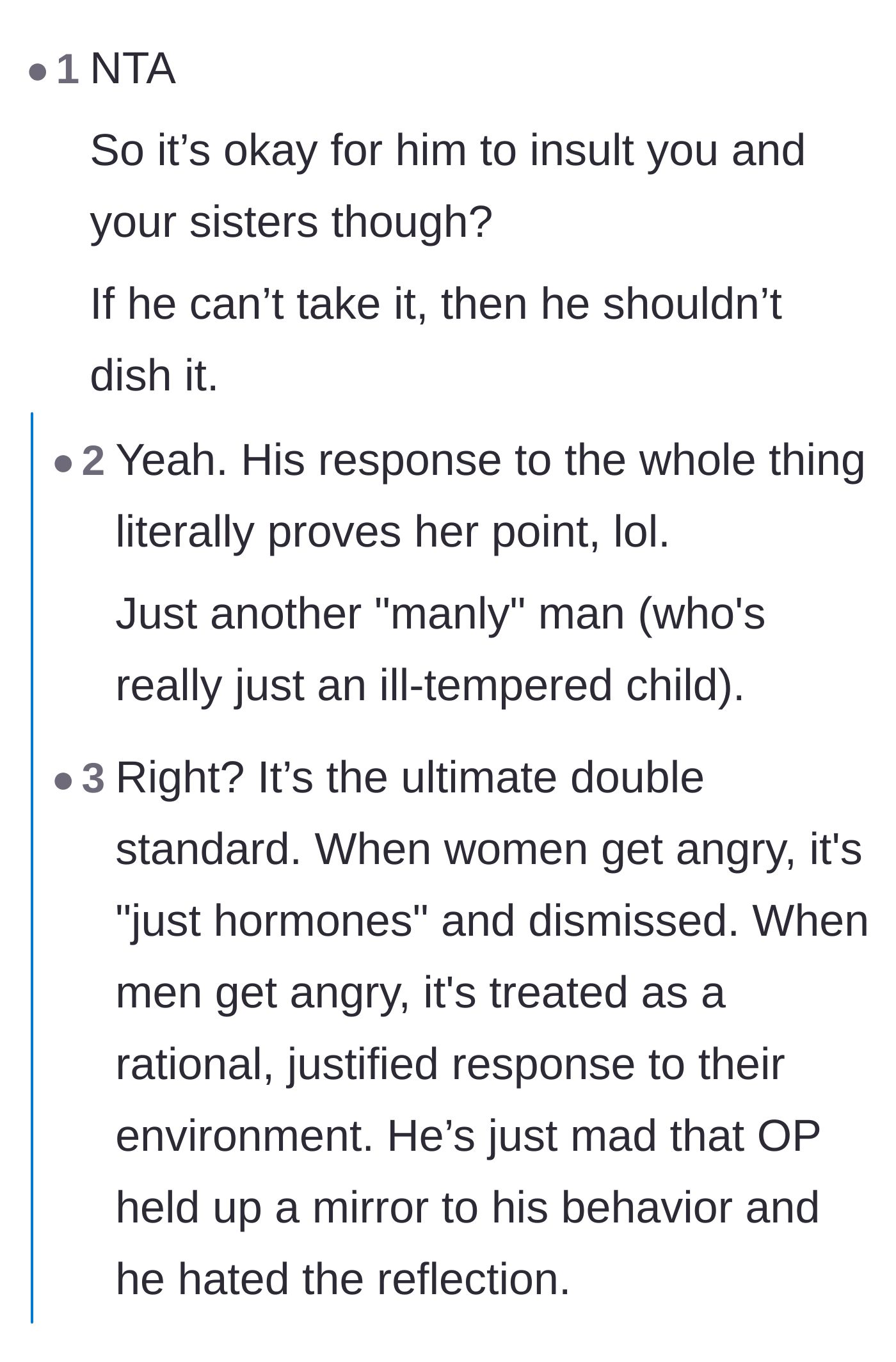 Comment thread 3 - Discussion about the double standard of men being allowed to insult women but throwing a fit when the tables are turned.