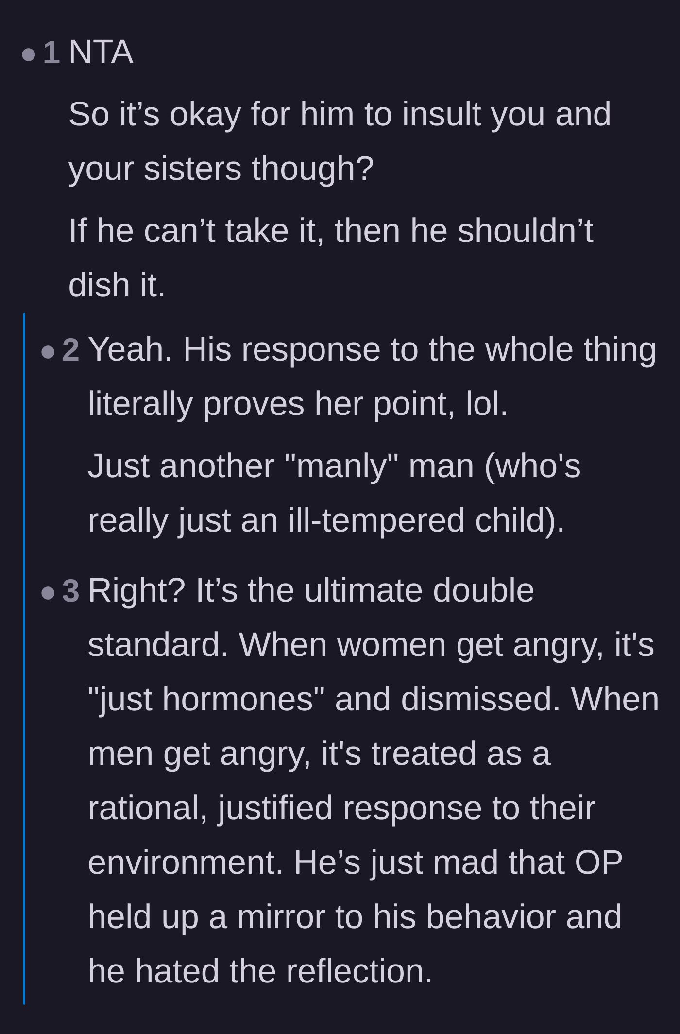 Comment thread 3 - Discussion about the double standard of men being allowed to insult women but throwing a fit when the tables are turned.