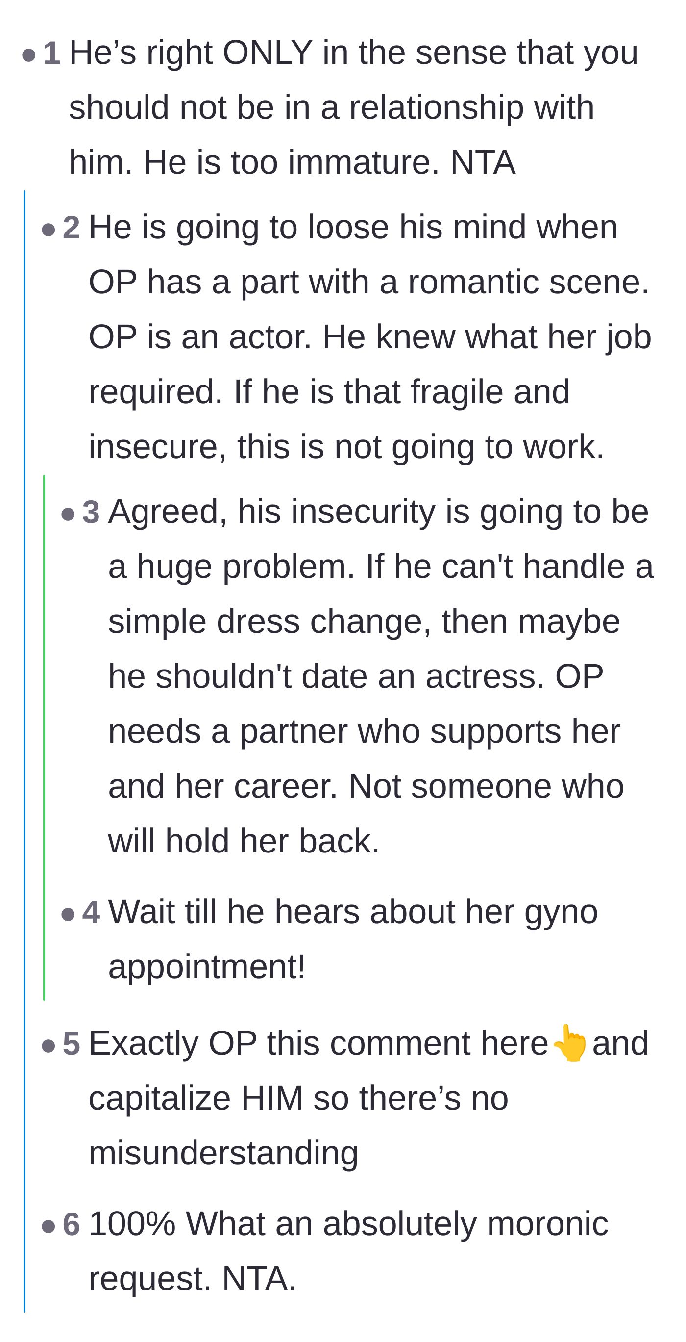 Comment thread 1 - Readers discussing the boyfriend's immaturity and forecasting his reaction to future on-stage romance.