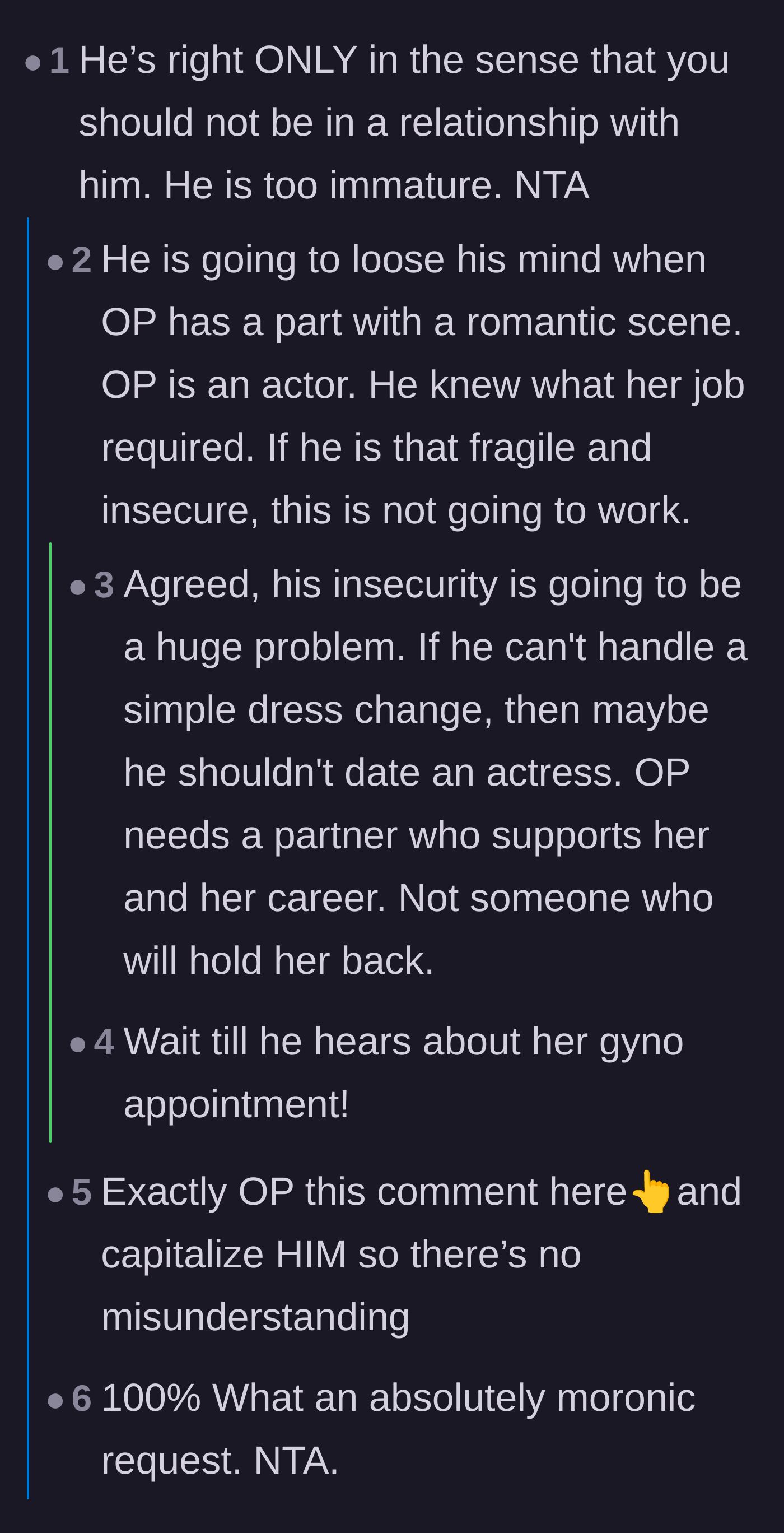 Comment thread 1 - Readers discussing the boyfriend's immaturity and forecasting his reaction to future on-stage romance.