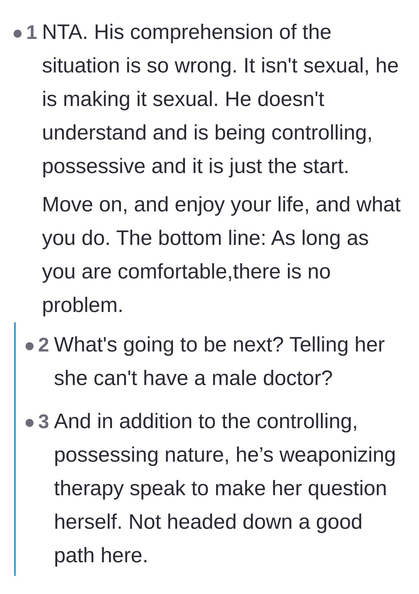 Comment thread 4 - Analysis of the boyfriend's projection, noting how he sexualized a clinical situation and weaponized therapy terms.