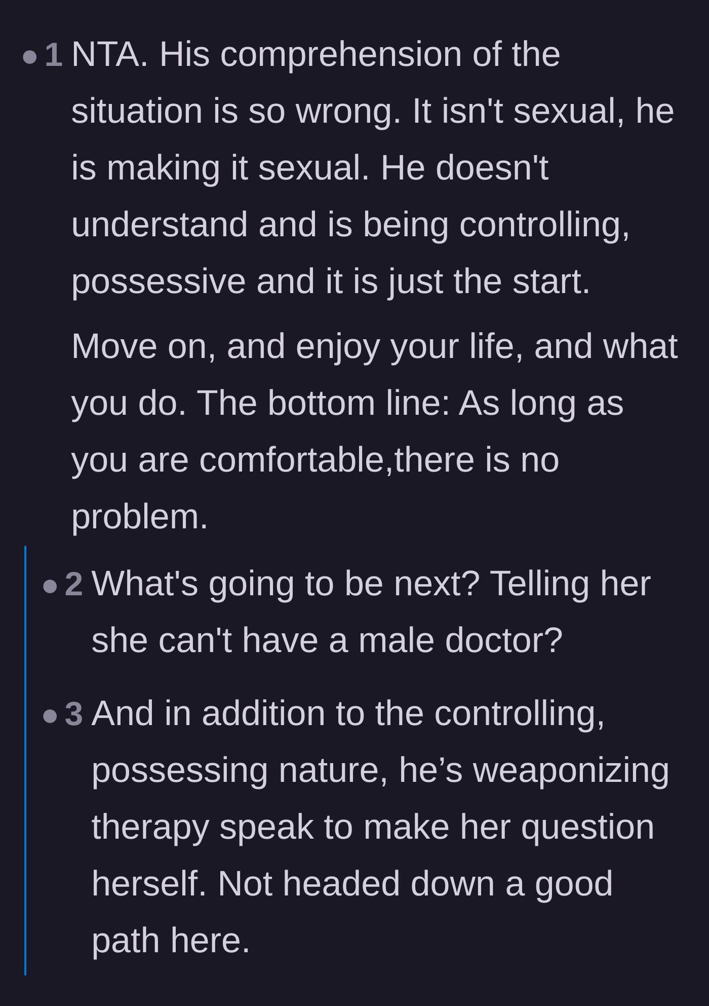 Comment thread 4 - Analysis of the boyfriend's projection, noting how he sexualized a clinical situation and weaponized therapy terms.
