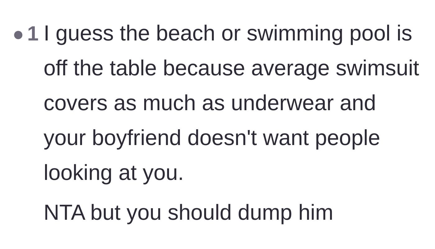Comment thread 5 - A commenter comparing the modesty of backstage shapewear to wearing a standard swimsuit at a public beach.