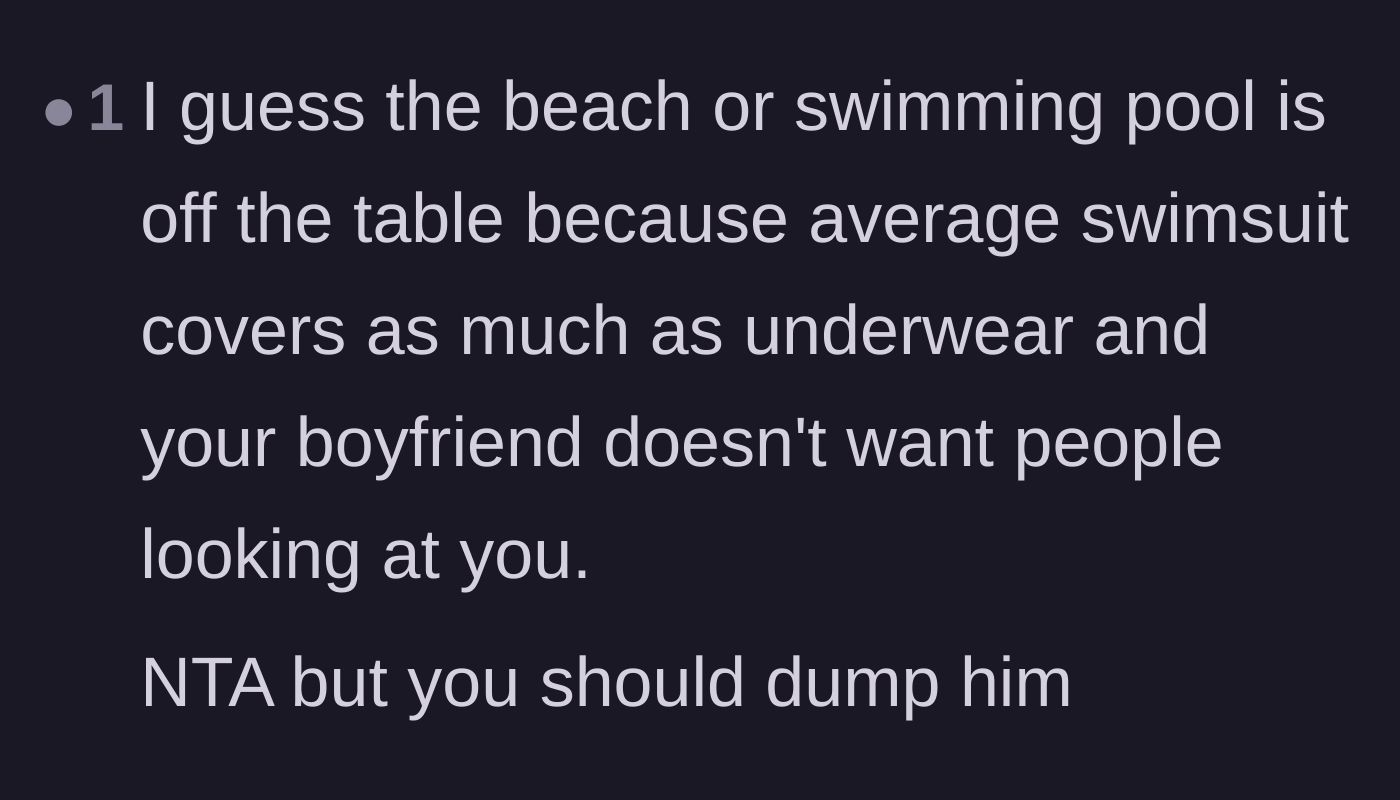 Comment thread 5 - A commenter comparing the modesty of backstage shapewear to wearing a standard swimsuit at a public beach.