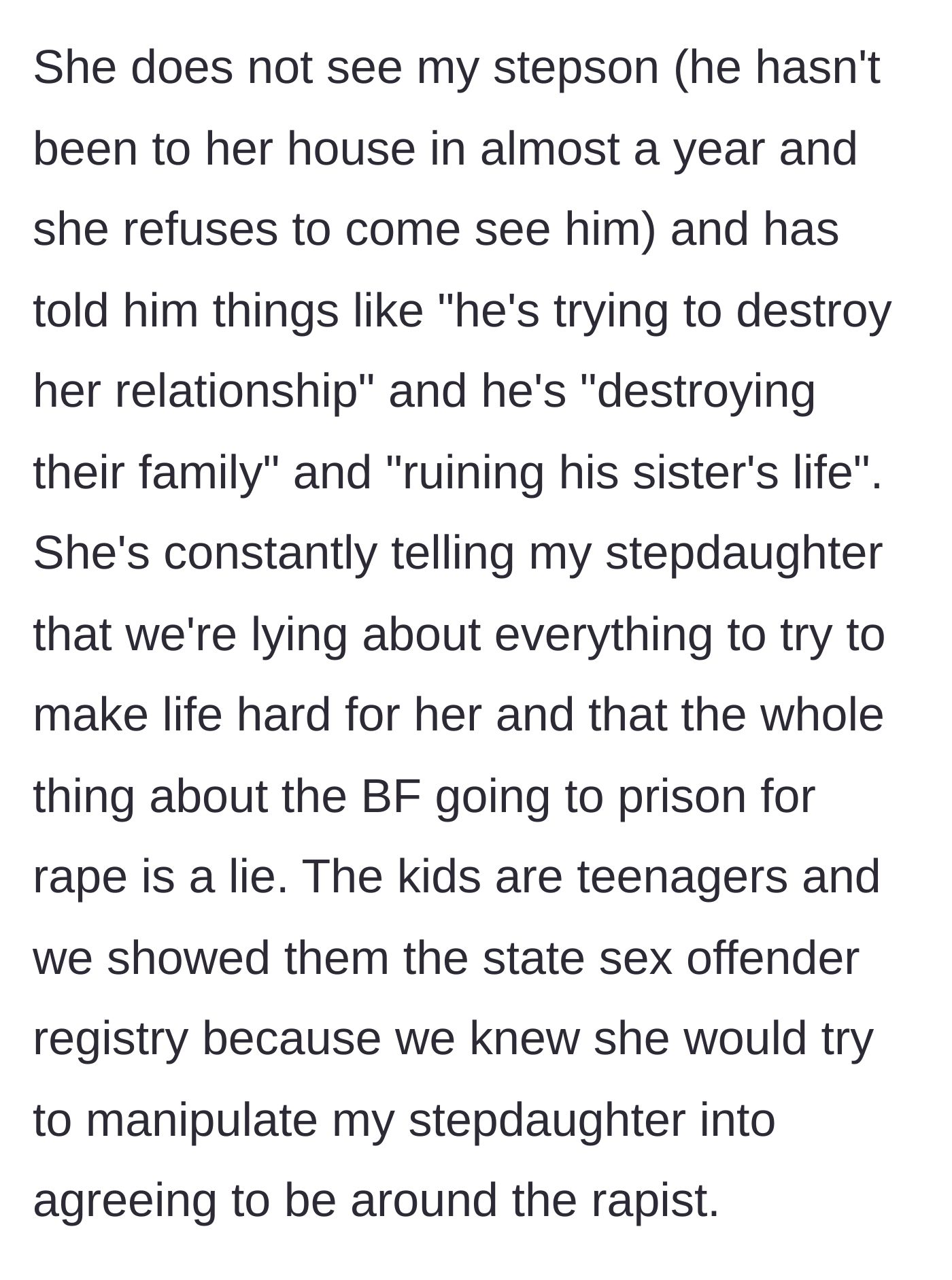 Story part 5 - The ex-wife attempts to gaslight the teenage daughter and alienate the stepson, forcing the step-parents to show the kids the actual sex offender registry.