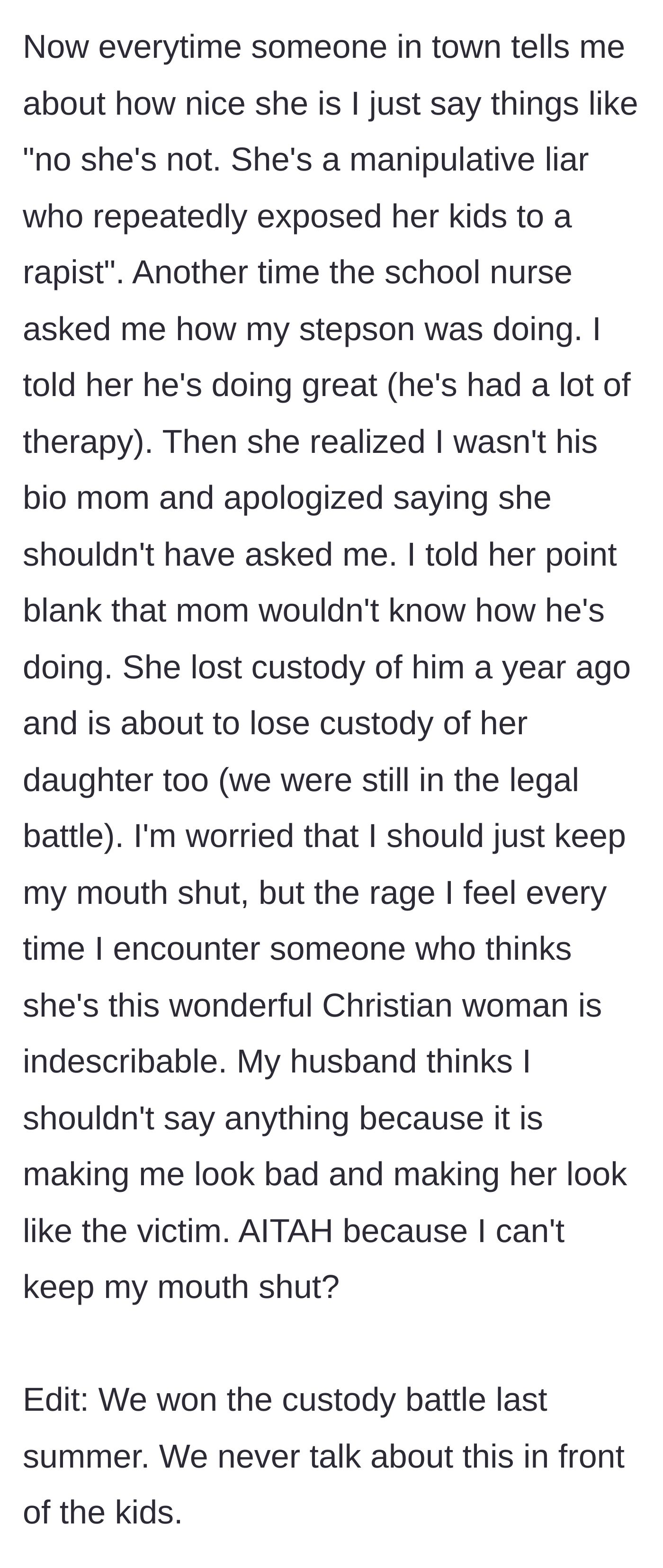 Story part 6 - The stepmom publicly calling out the ex-wife's true nature to townspeople and a school nurse, despite her husband's pleas to keep quiet.