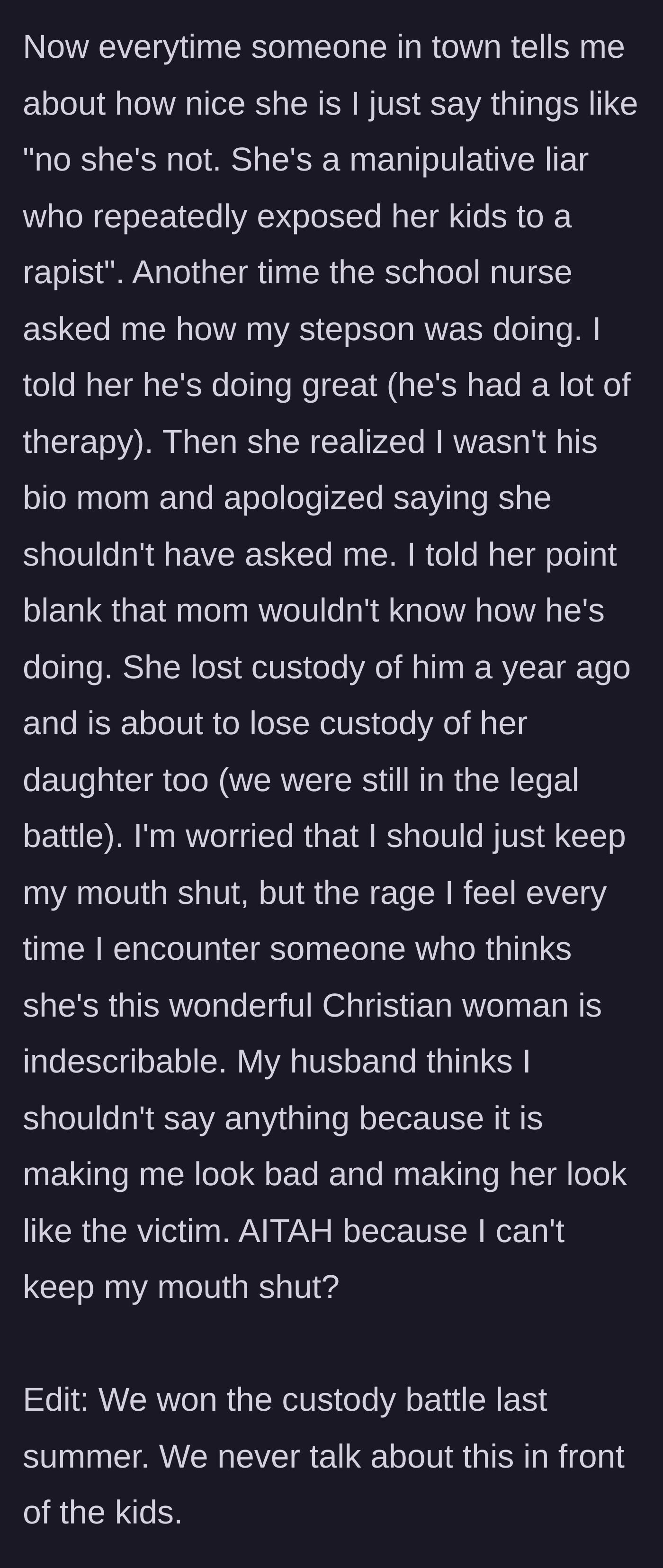 Story part 6 - The stepmom publicly calling out the ex-wife's true nature to townspeople and a school nurse, despite her husband's pleas to keep quiet.