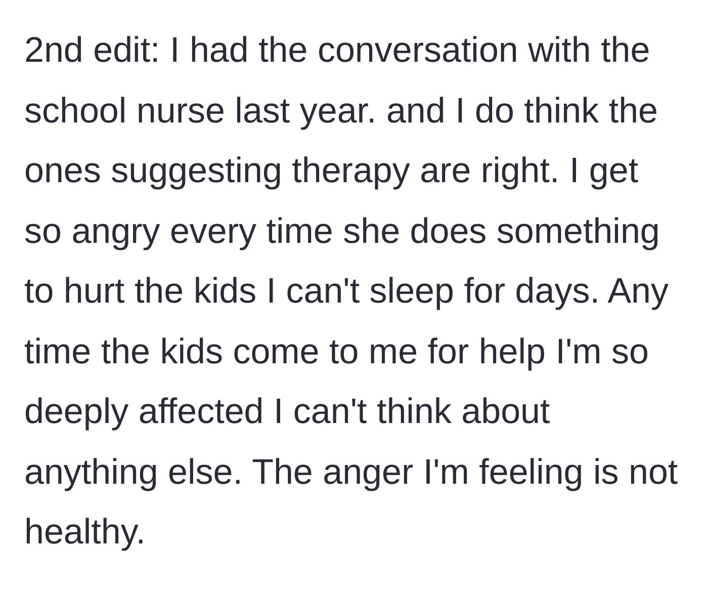 Story part 7 - A later realization from the stepmom that her consuming anger and hyper-vigilance are destroying her own mental health and sleep.