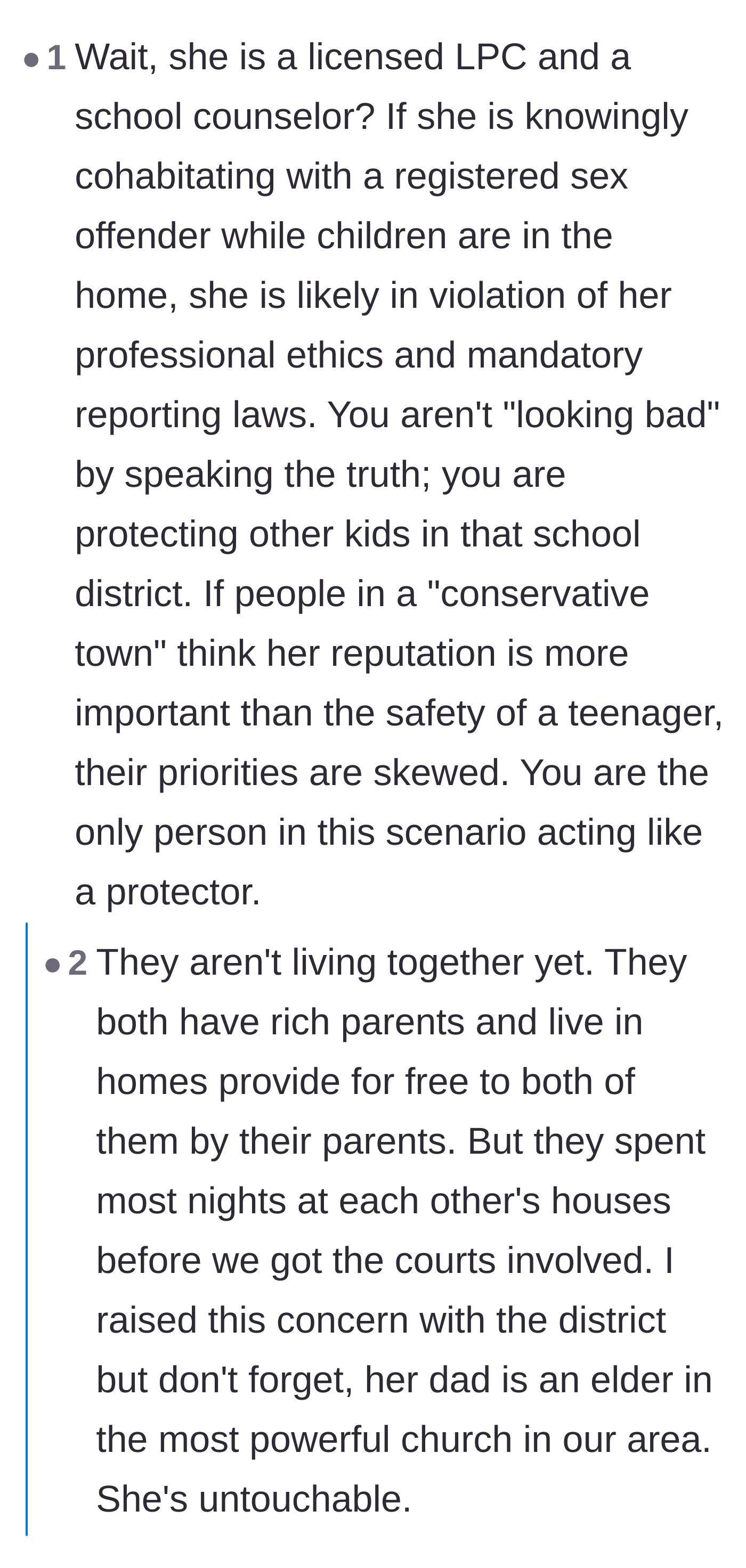 Comment thread 1 - A discussion about the ex-wife violating professional ethics as a school counselor, and her being untouchable due to church connections.