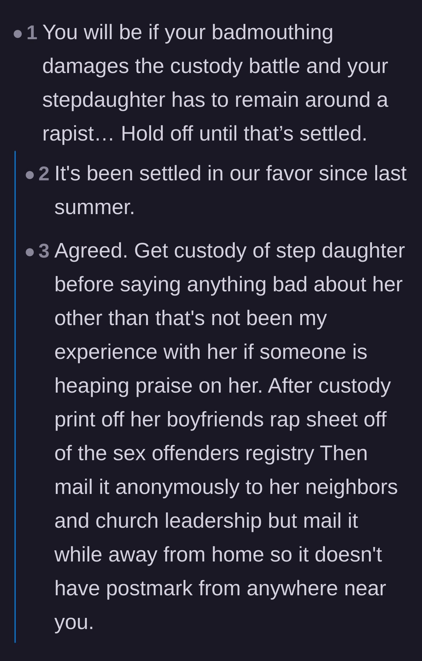 Comment thread 2 - Advice urging the stepmom to stay quiet until custody is won, with the stepmom clarifying they already won last summer.